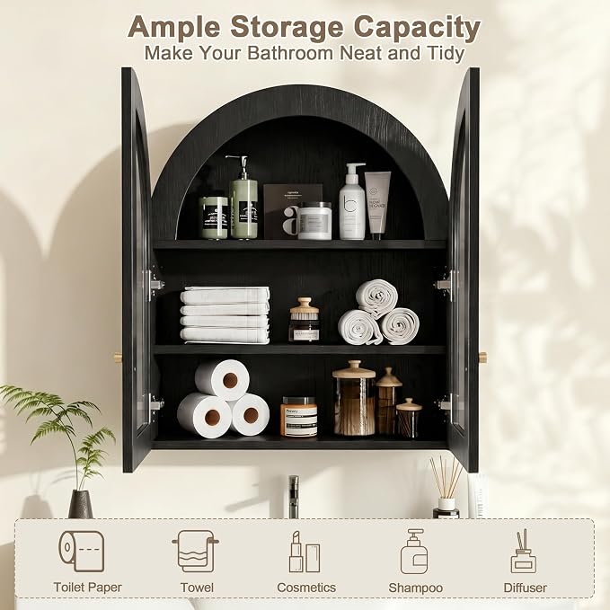Armario de pared con arco, armario de baño empotrado con puertas de vidrio y estante ajustable, armario flotante para medicamentos en baño, cocina y sala de estar, color negro miniatura 5