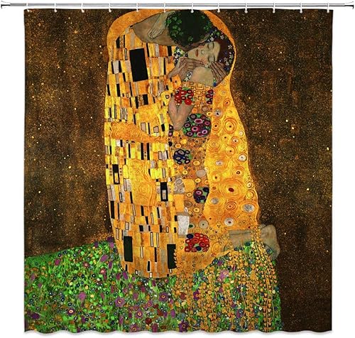 Klimt - Cortina de ducha, The Kiss de Gustav Klimt, pintura al óleo romántica retro, inspirada en la pintura al óleo de Batik, tela de poliéster con