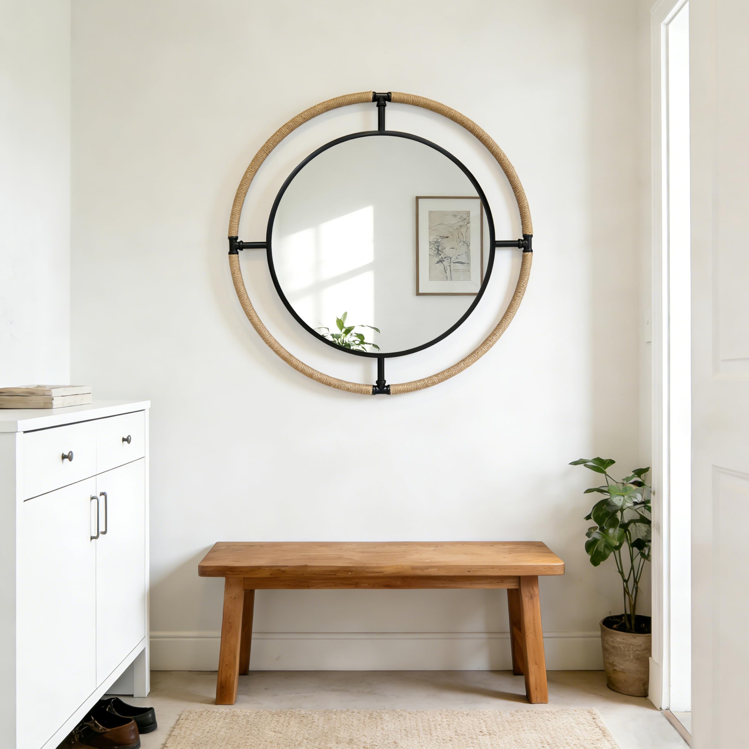 Espejo Recibidor Redondo 80x80cm, Espejos Decorativos de Pared con Cuerda de Yute Natural para Dormitorio y Salón, Espejo Baño con Marco de Hierro Antihumedad, Elegante con Diseño