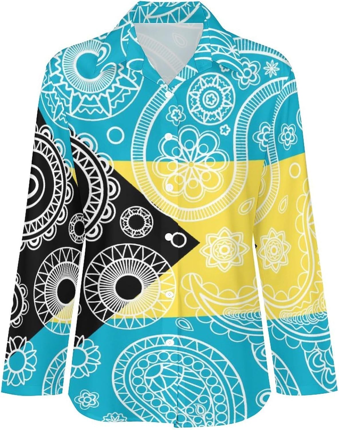 Bahamas Paisley Flag Womens Button Down Shirts Long Sleeve Casual Blouses Tops