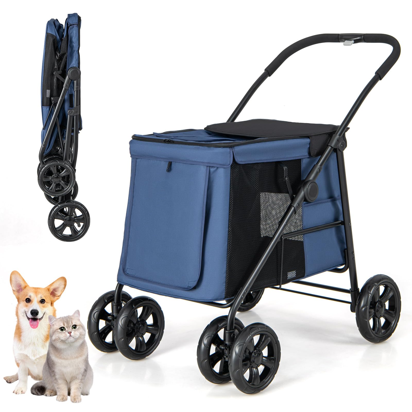 COSTWAY Passeggino per Cani Pieghevole, Carrello a 4 Ruote per Animali Domestici Piccoli e Medi, Trasportino Portatile con Ruote, Lucernario e Tasche, Chiusura Rapida (Blu)