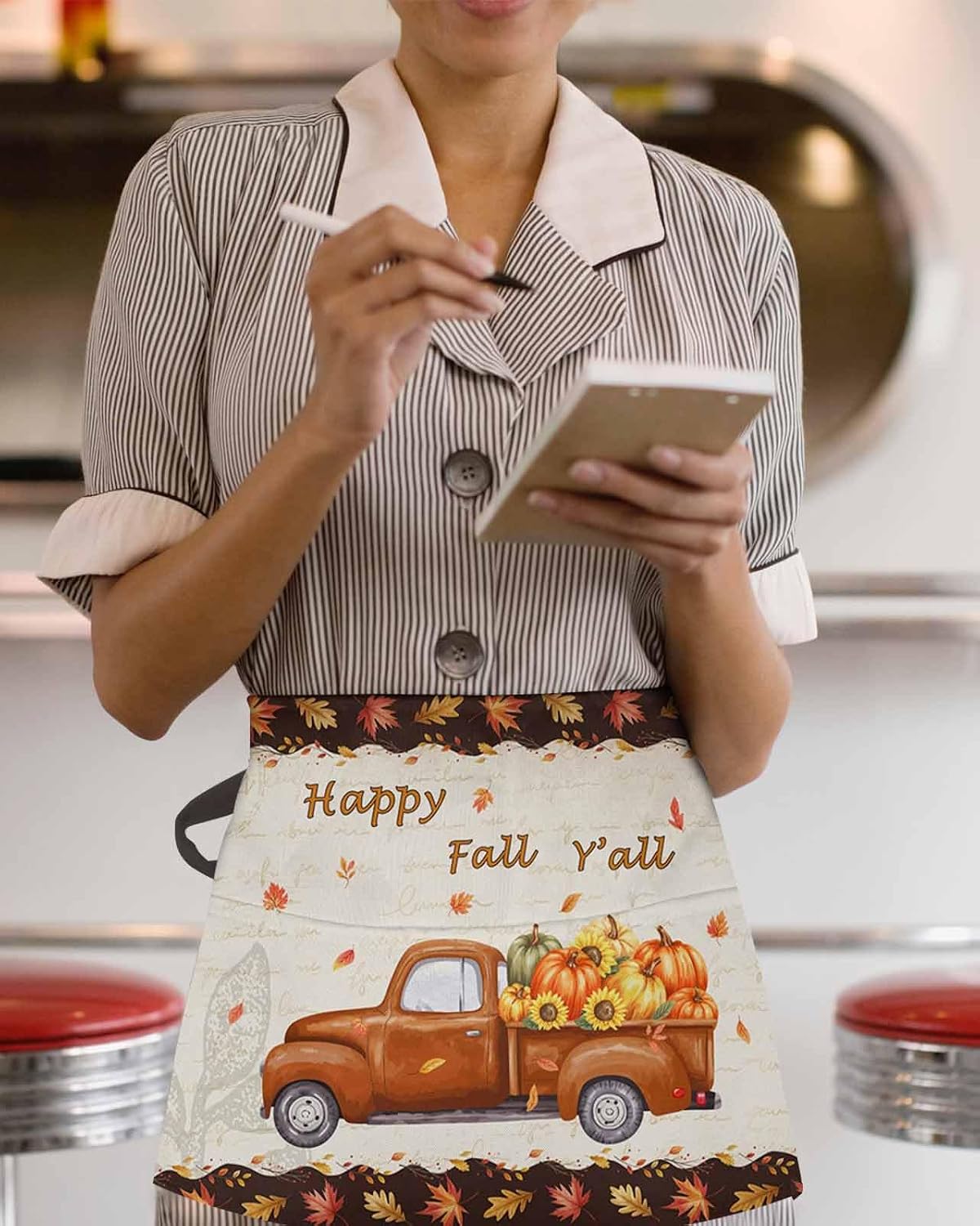 Thanksgiving Orange Truck Load of Pumpkins Server Aprons with Pockets, Retro Letter Happy Fall Y'all Waitress Aprons