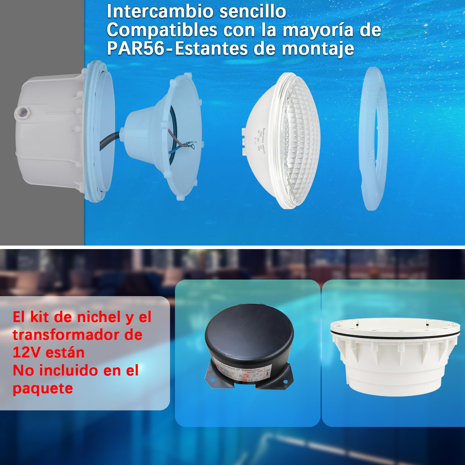 Iluminación LED para piscina RGB, 54W, PAR56, luces LED subacuáticas, flotante, sincronización externa, con mando a distancia, 12 V CA, IP68, resistente al agua