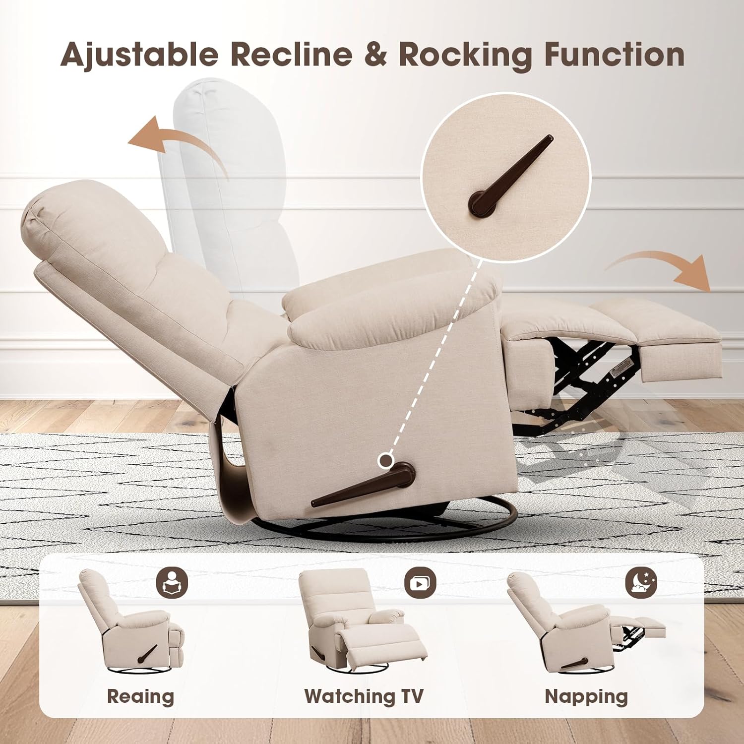 Large Swivel Rocker Recliner Chair, Glider Rocker Recliner, Lazy Recliner Chair with High Back, for Living Room (Beige)