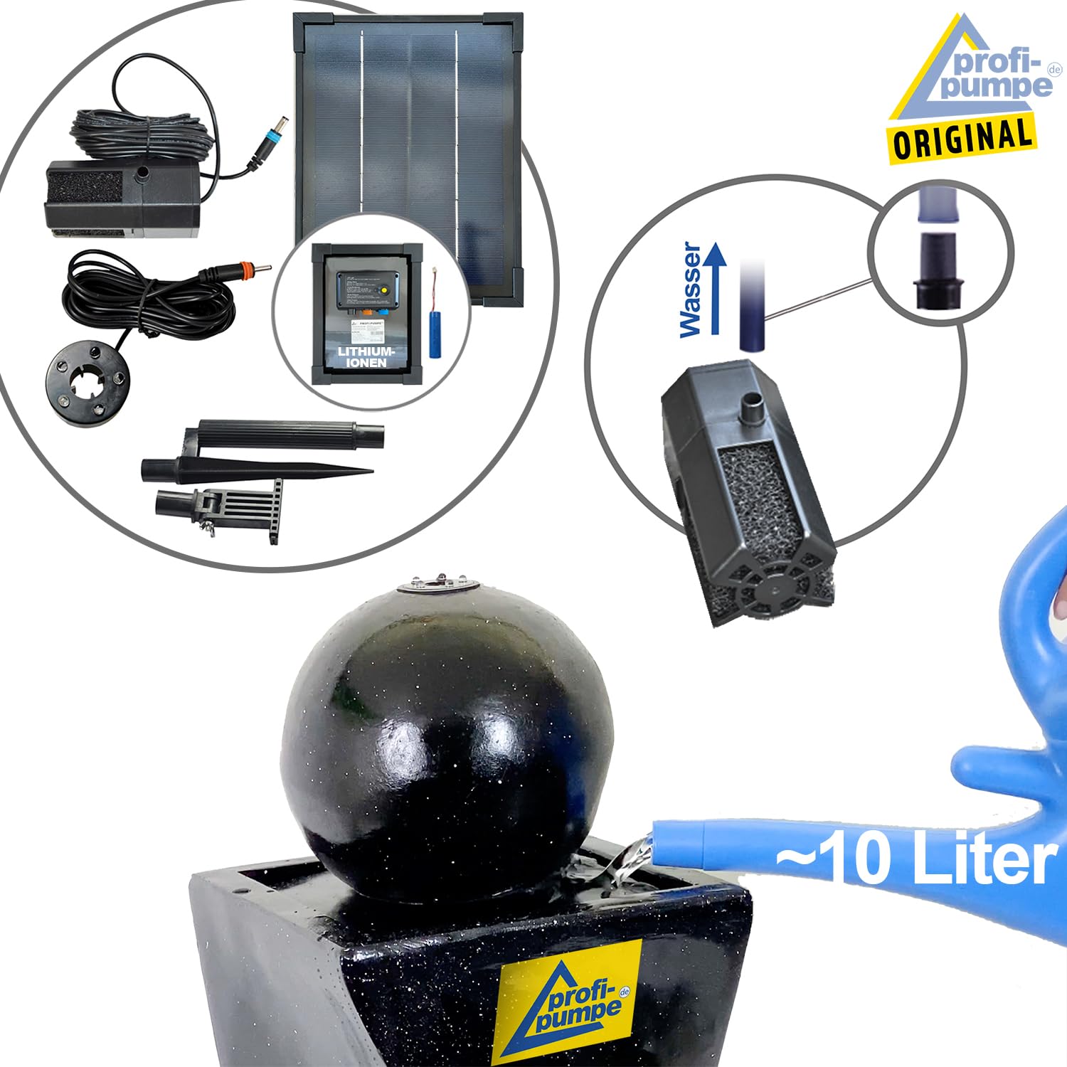 Fontaine Extérieure Solaire Autonome 5 W avec LED - Sphère Granit Noir sur Pied - 75 cm