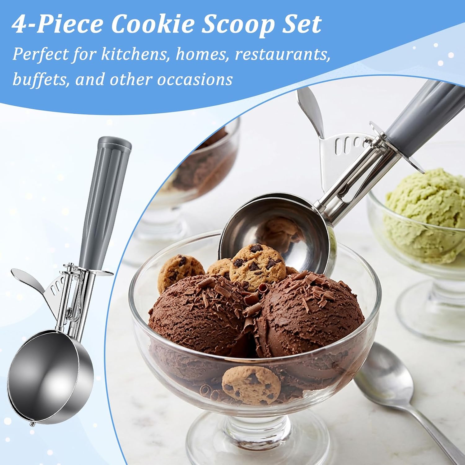 4 oz Ice Cream Scoop with Trigger, 4 Pcs Portion Scoop, Stainless Steel Large Cookie Scoops for Portion Control, Baking Food, Cookie Dough, Cupcake Batter