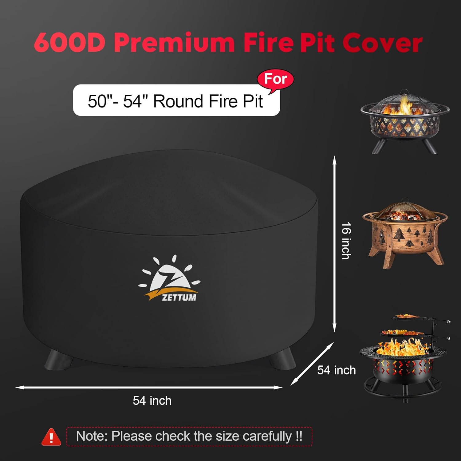 Zettum Fire Pit Cover Round 54 Inch - Outdoor Firepit Cover Heavy Duty & Waterproof, 600D Patio Fire Table Cover Large Gas Fire Pit Accessories Fade & Weather Resistant - 54 x 54 x 24 Inch
