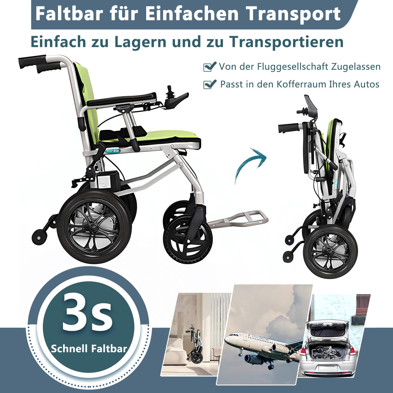 AMITD Elektrischer Rollstuhl Faltbar Leicht Luftfahrt-Zertifizierung 15 kg 20 km bis 120 kg Elektrorollstuhl mit Doppelsteuerung Herausnehmbar Li-Akku Intelligente Bremse, für Indoor Outdoor Reise
