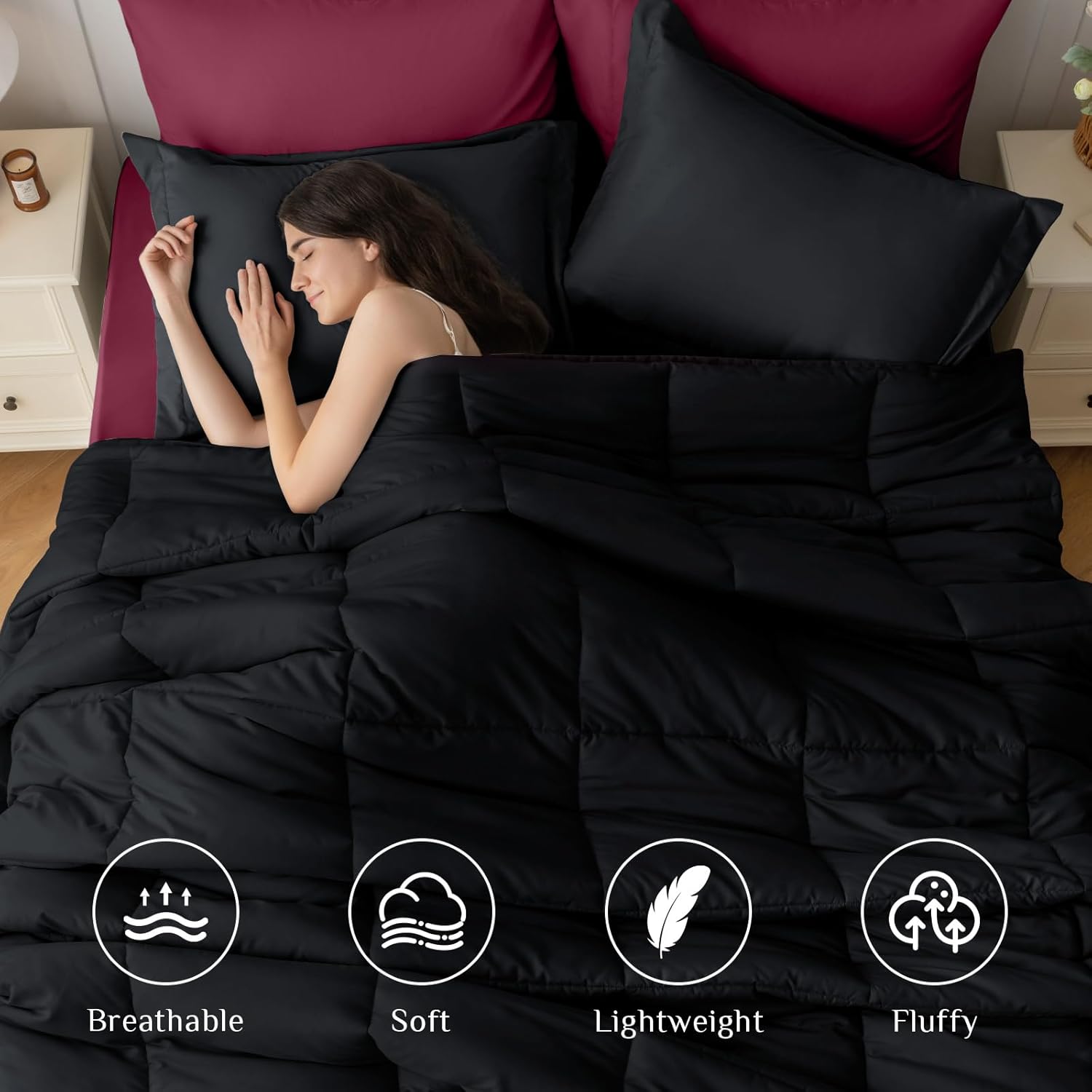 JOLLYVOGUE Queen Comforter Set, Ultra-Soft Bed in a Bag Queen Size 7 Pieces, Oeko-TEX Certified Bedding Set with Down Alternative Comforter, Sheets, Pillowcases & Shams, Burgundy & Black - Image 2