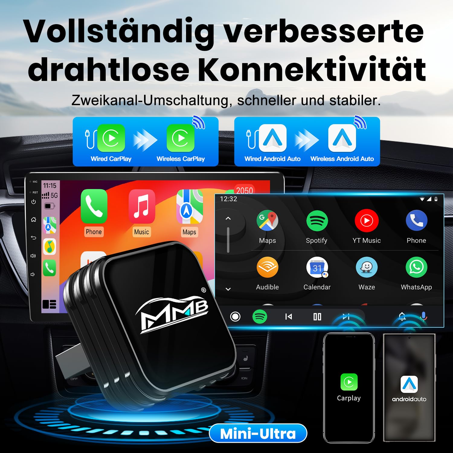MMB CP-Ultra 2026 Adaptateur CarPlay sans fil 2 en 1 pour iPhone & Android Auto, Wi-Fi 6+Bluetooth 5.4, Convertit CarPlay filaire et Android Auto en CarPlay sans fil, Plug & Play