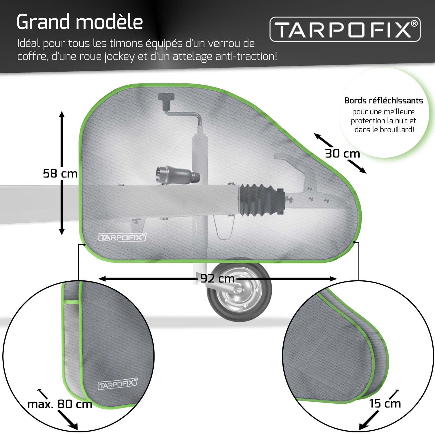 Tarpofix® Housse de Timon avec Bord réfléchissant - Bâche pour remorque de Caravane & Camping-Car Universelle avec Double Fermeture à clic - Couverture d'attelage pour remorque
