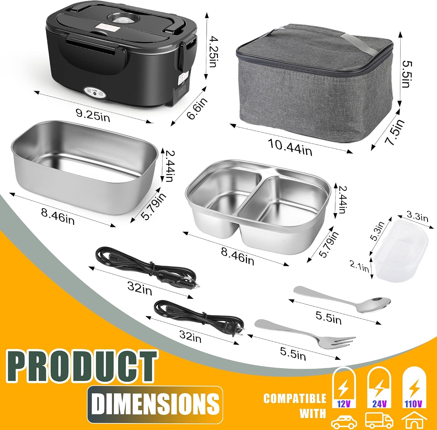Electric Lunch Box for Adults - 1.5L Single/Double Layer Stainless Steel Food Warmer - 80W Fast PTC Heated Lunchbox, 12V/24V/110V Portable Food Heater for Car&Truck, Office, Camping, Travel(Black)