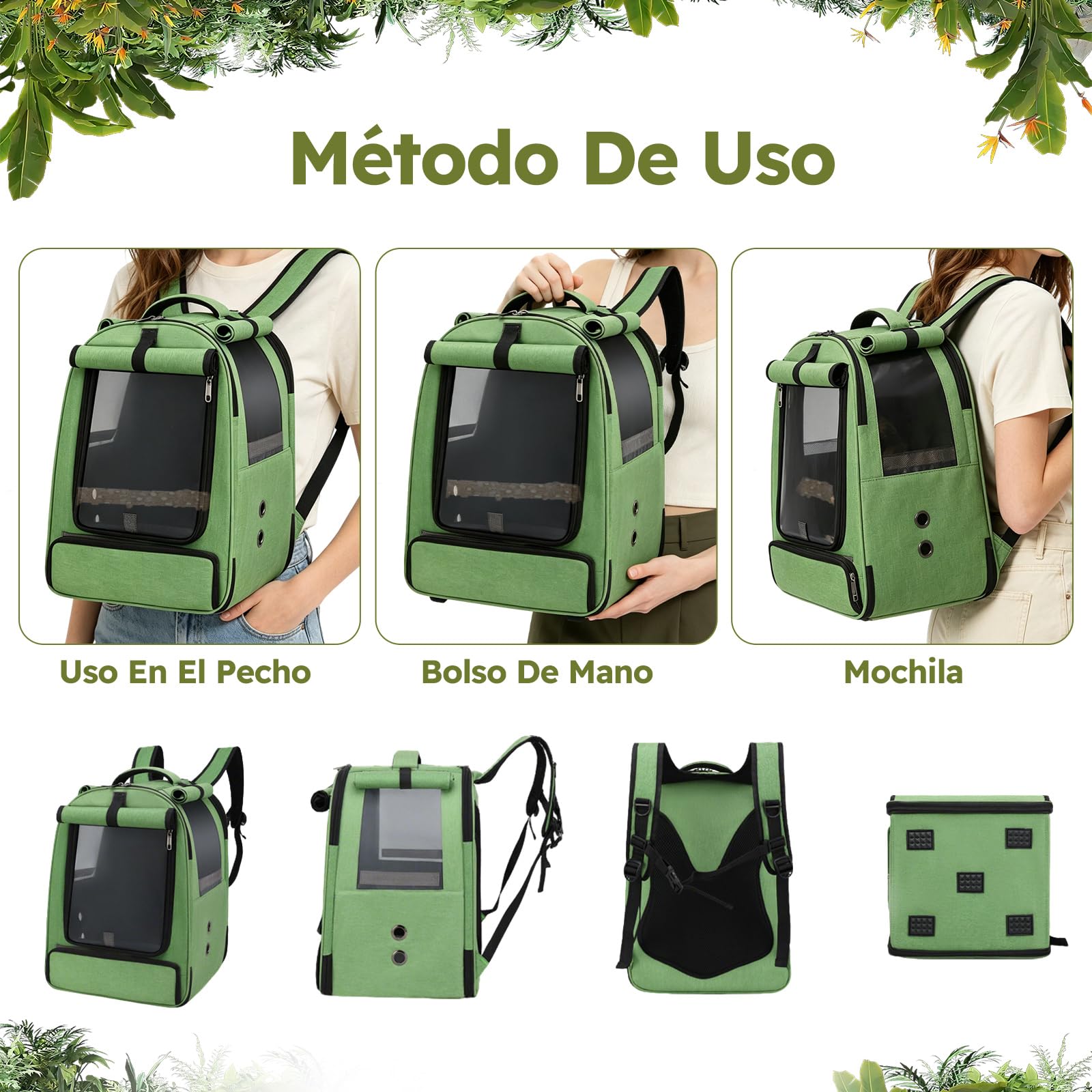 PETCUTE Bolsa de Transporte para Pájaros,Mochila para Pájaros con Percha y 2 Recipientes para Alimentos, Mochila Fácil de Limpiar para Loros, Bolsa de Viaje Portátil para Animales Pequeños,Verde