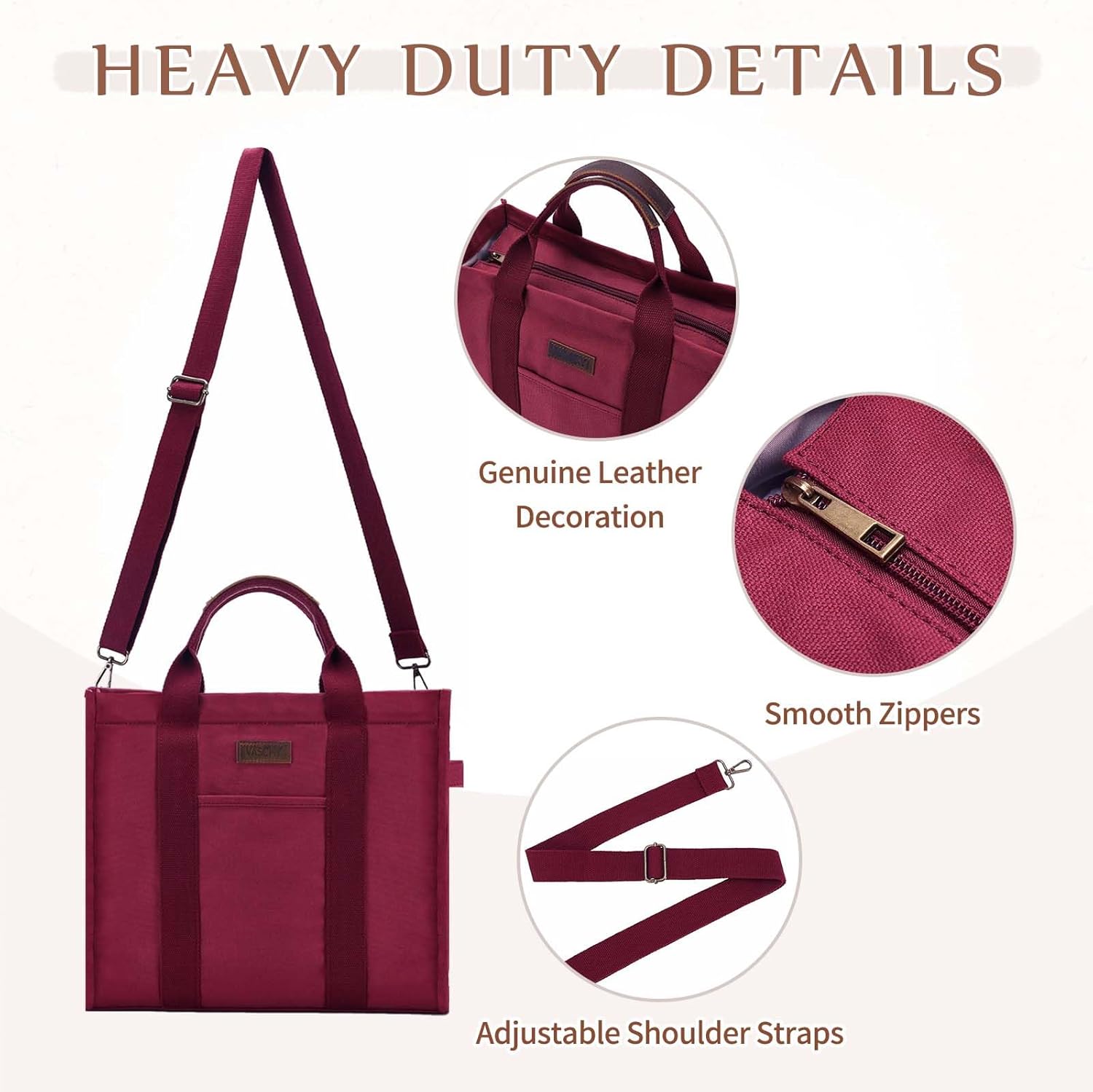 VASCHY Canvas Tote bag, Casual Reusable Work Totes for Women Teachers with Zippers Pockets Crossbody Shoulder Bag Purse