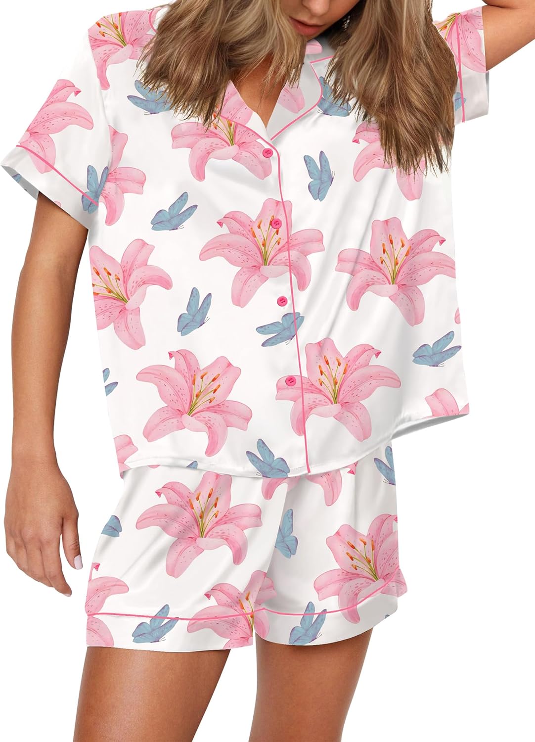SHESHOW Satin Pajamas for Women Set Preppy Animals Pjs Short Sleeve Shorts 2 Piece Loungewear Sets XS-XXL