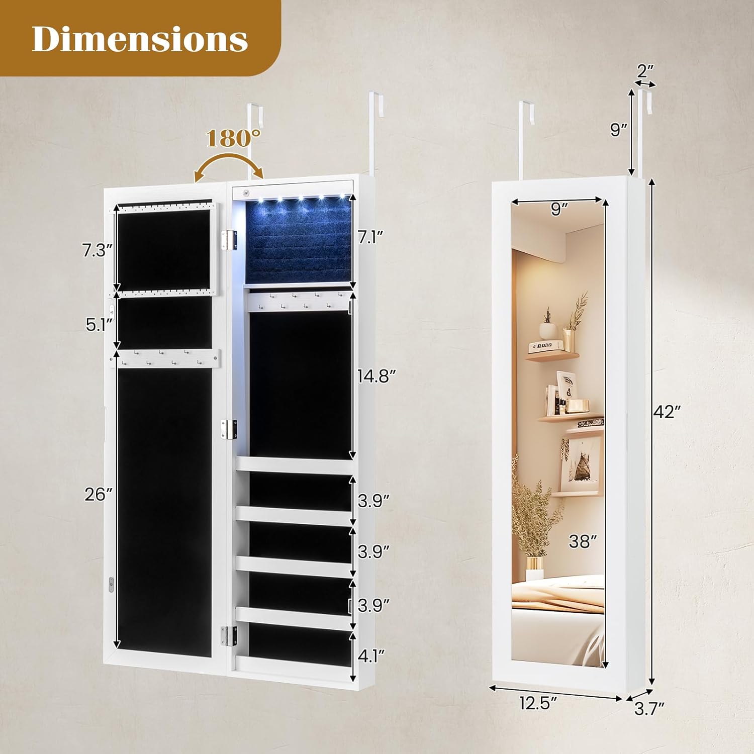 Giantex Wall or Door Mounted Jewelry Cabinet with Full Length Mirror, Over The Door Jewelry Armoire Organizer with Lights, Large Storage with Necklace Hooks, Earring Slots & Shelves (White)