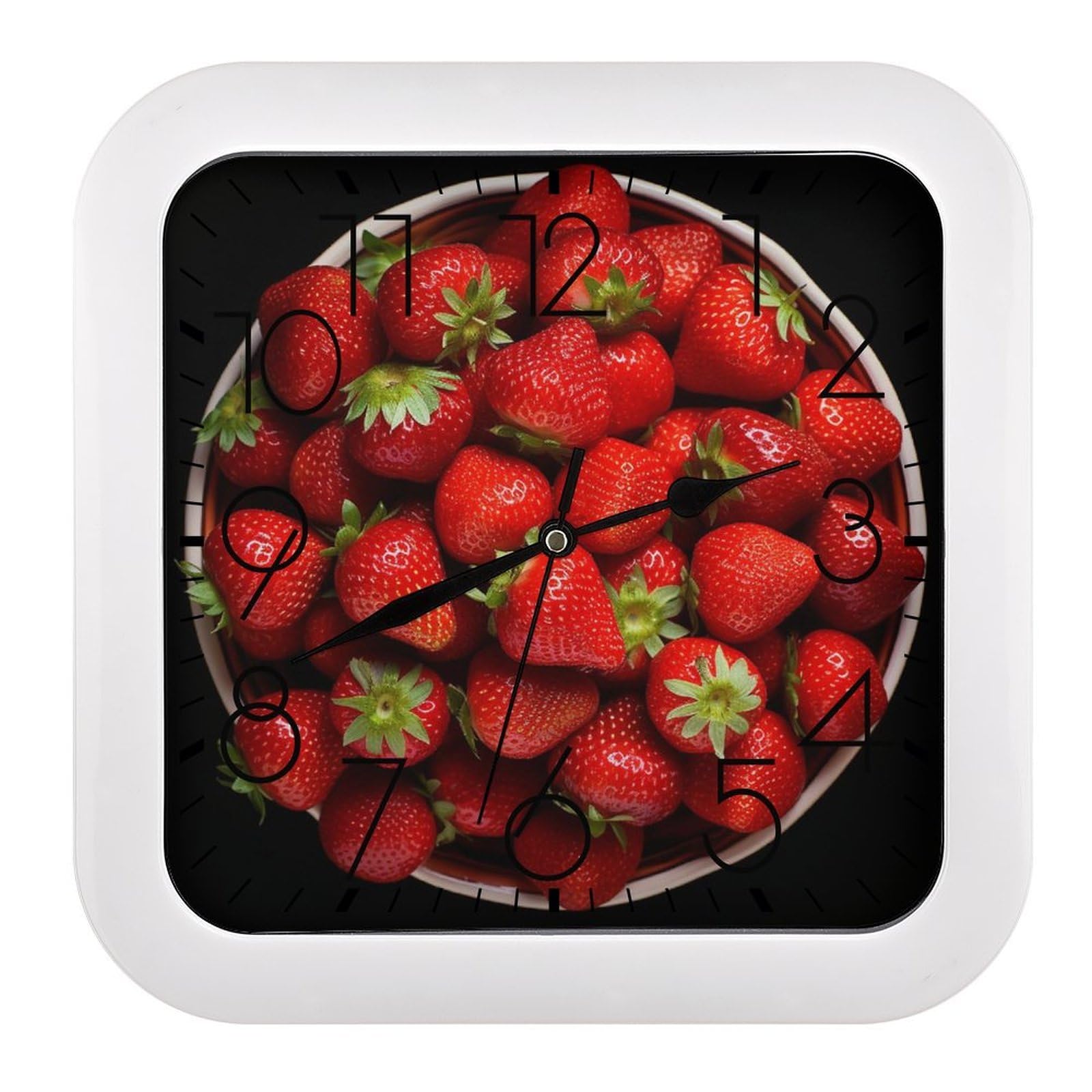 NTVOWPZO 10 Inch Wall Clock Strawberries in Bowl Battery Operated Wall Clocks Silent Non-Ticking Square Wall Clock for Living Room Kitchen Home Office Wall Decorative Clocks