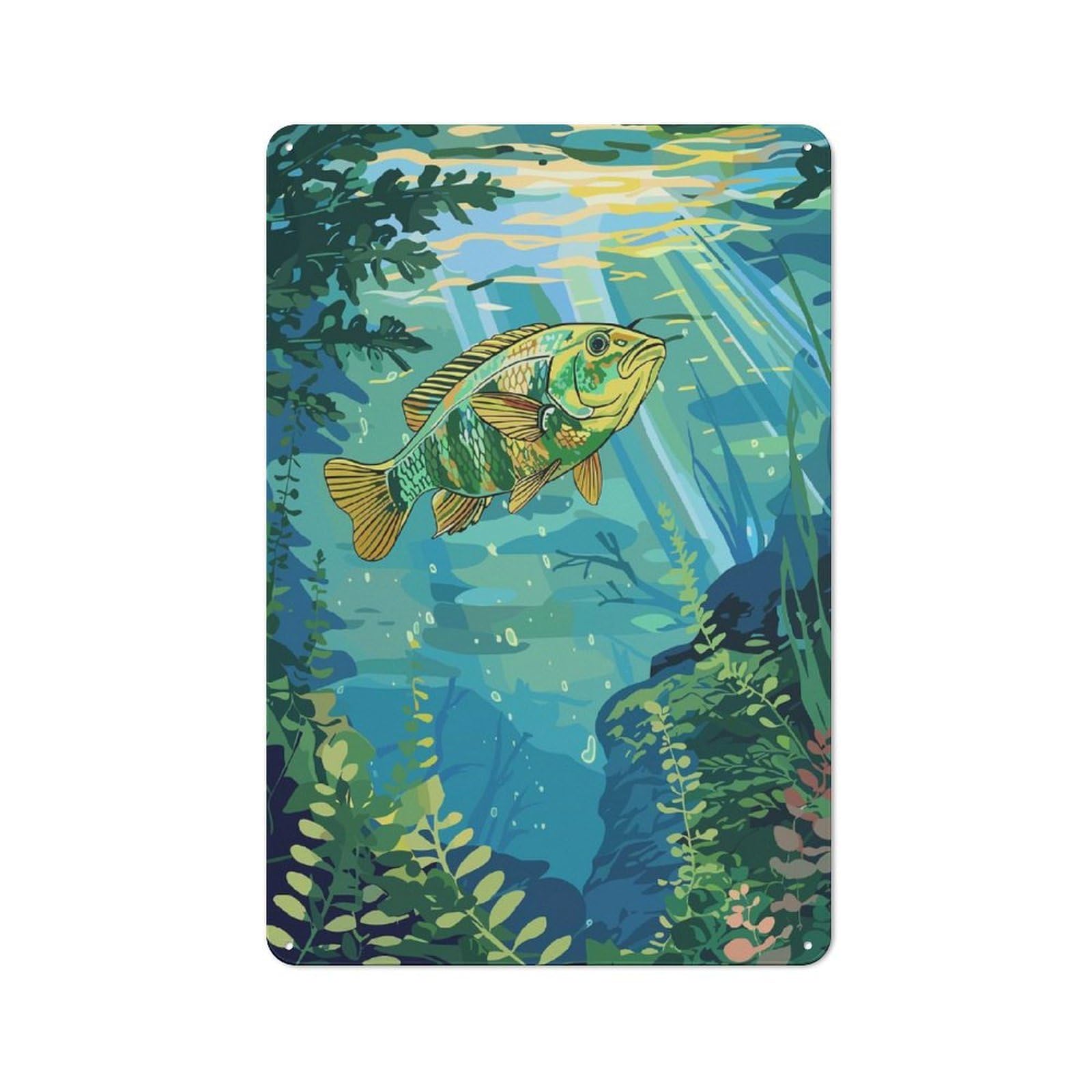 Junmoney Style-4 For Hobby Room Or Studio, Fish Underwater Illustration Retro Metal Sign 30X20cm, A Decorative Gift For A Newly Furnished Hobby Room And Studio