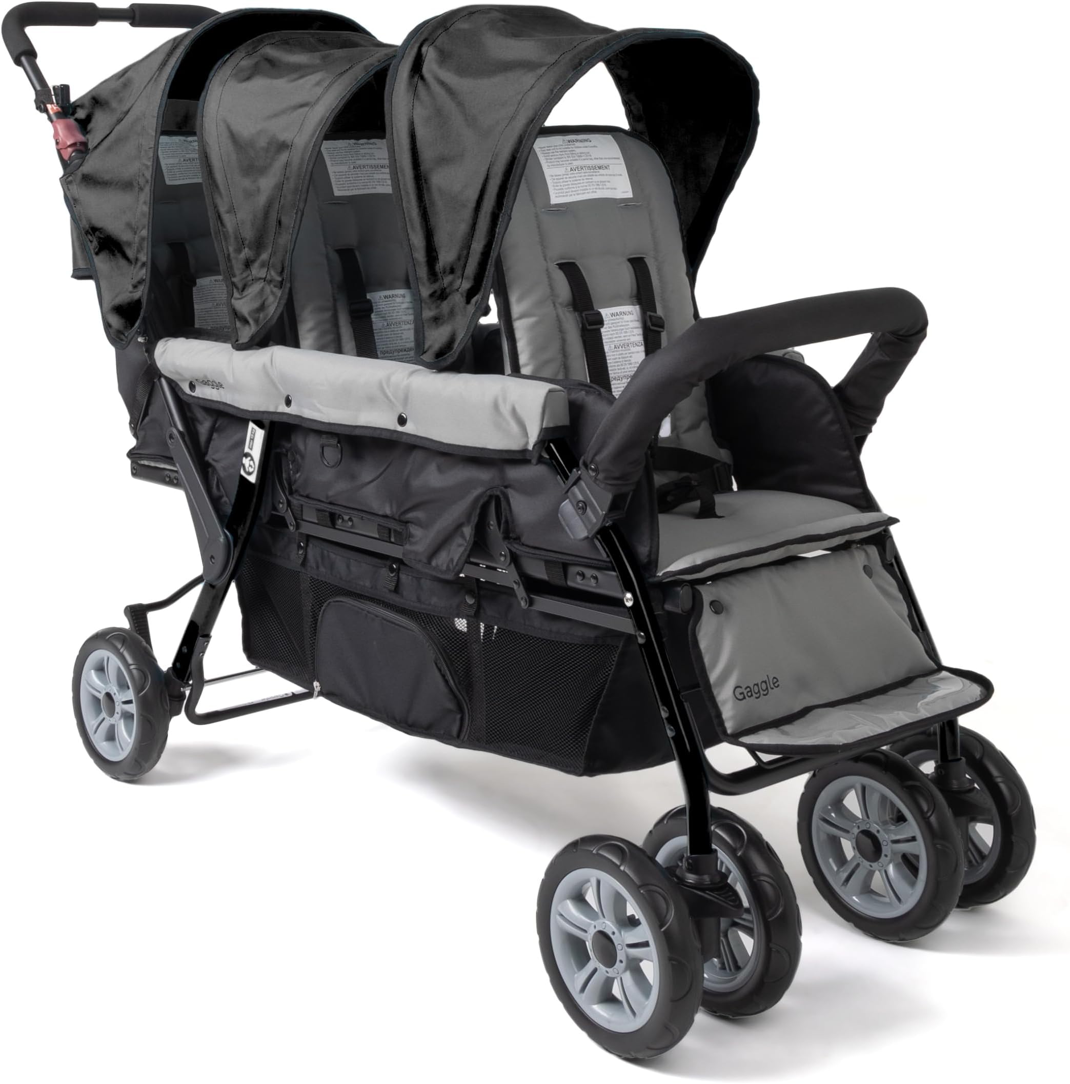 Gaggle by Foundations Compass 3 Seat Triple Stroller | Foot Brake | Shock-Absorbing All-Terrain Wheels | Easy Folding | Black