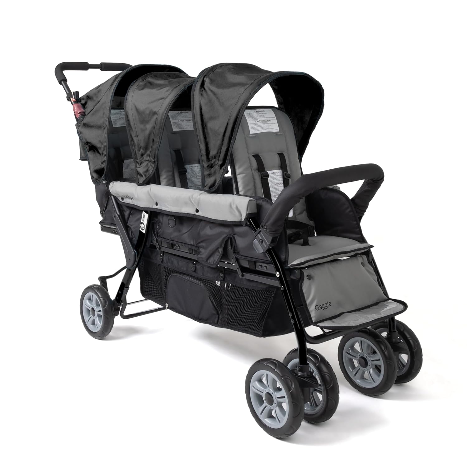Gaggle by Foundations Compass 3 Seat Triple Stroller | Foot Brake | Shock-Absorbing All-Terrain Wheels | Easy Folding | Black