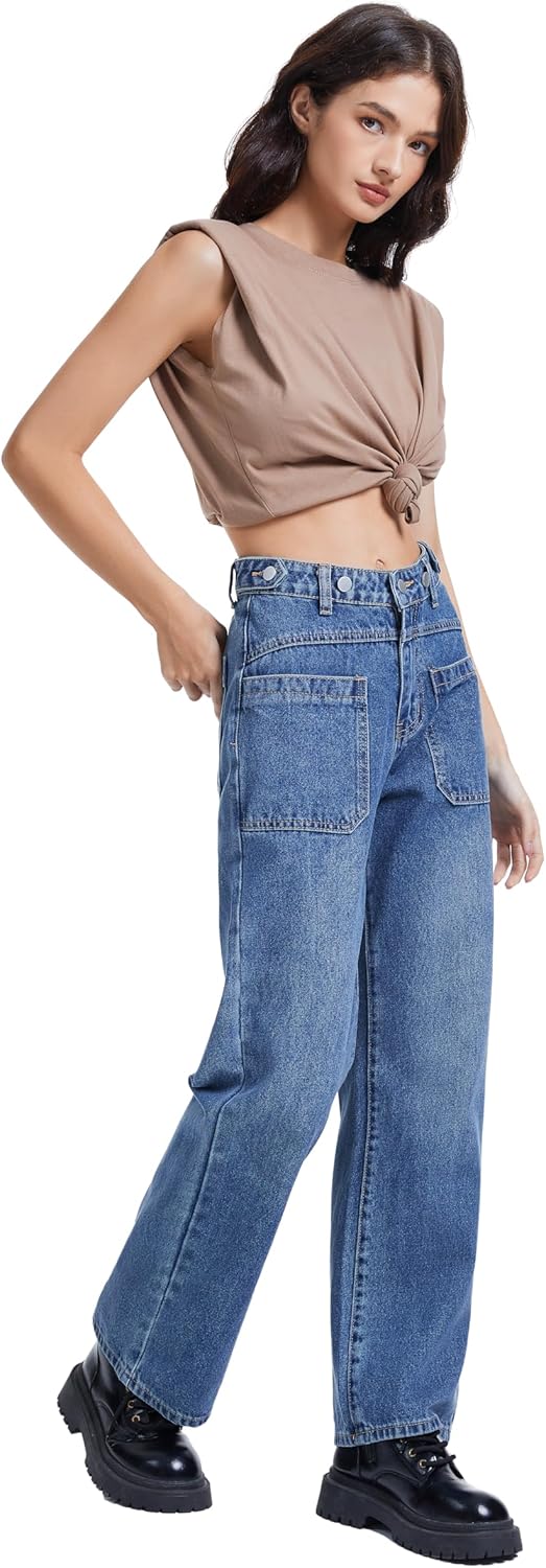 Wide Leg Jeans for Women, High Waist Straight Legs Trendy Front Patch Pocket Denim Pants for Ladies Casual Work - Image 3