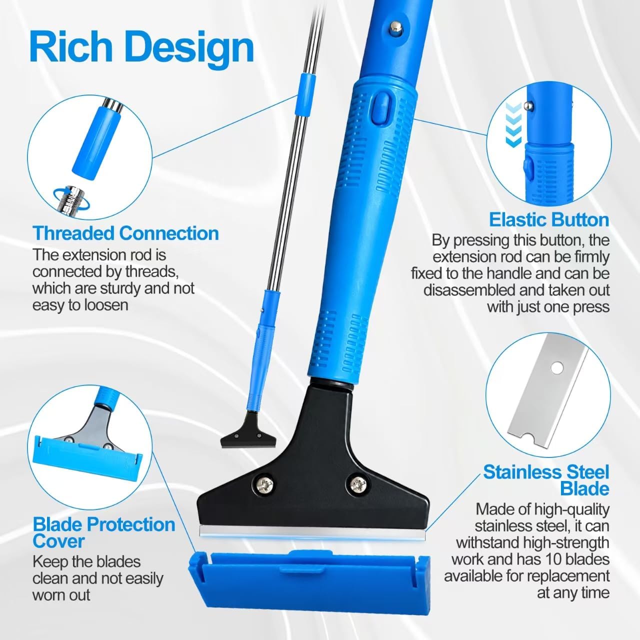 51-Inch Floor Scraper with 4-Inch Blade and 10 Replacements | Long Handle Helps Remove Paint, Glue, Stickers and Gum from Tile, Glass, Walls, Floors and Cooktops