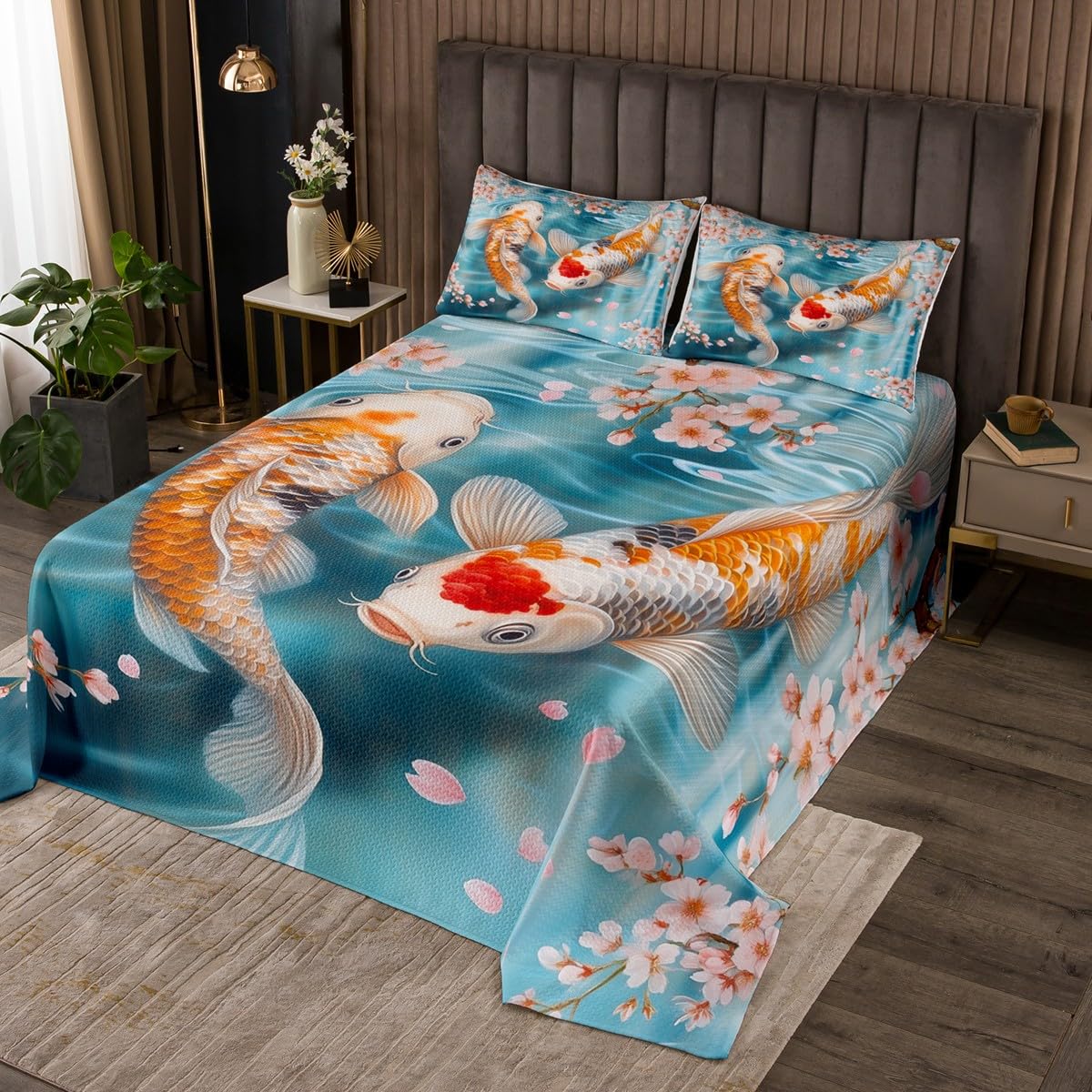 Castle Fairy Koi Fish Bedspread Queen Size Japanese Cherry Blossom Tree Coverlet Set Kids Bedroom Present Vintage Ukiyoe Decor Bedding Set Marine Sealife Bedding with 2 Pillowcases