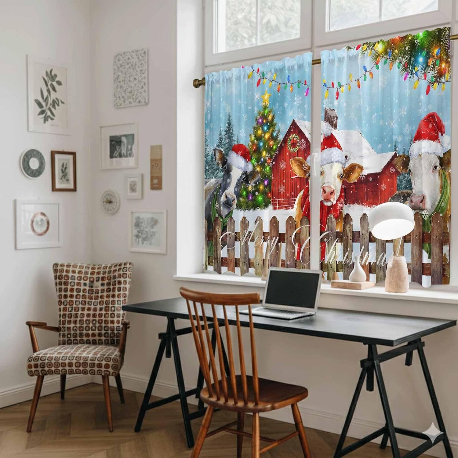 Christmas Cow Kitchen Tier Curtains 45 Inch Long 2 Panel Set,Rod Pocket Short Window Treatment,Farm Xmas Tree Light Balls Snowflake Winter Curtains & Drapes for Bathroom Basement 27.5"W x 45"L