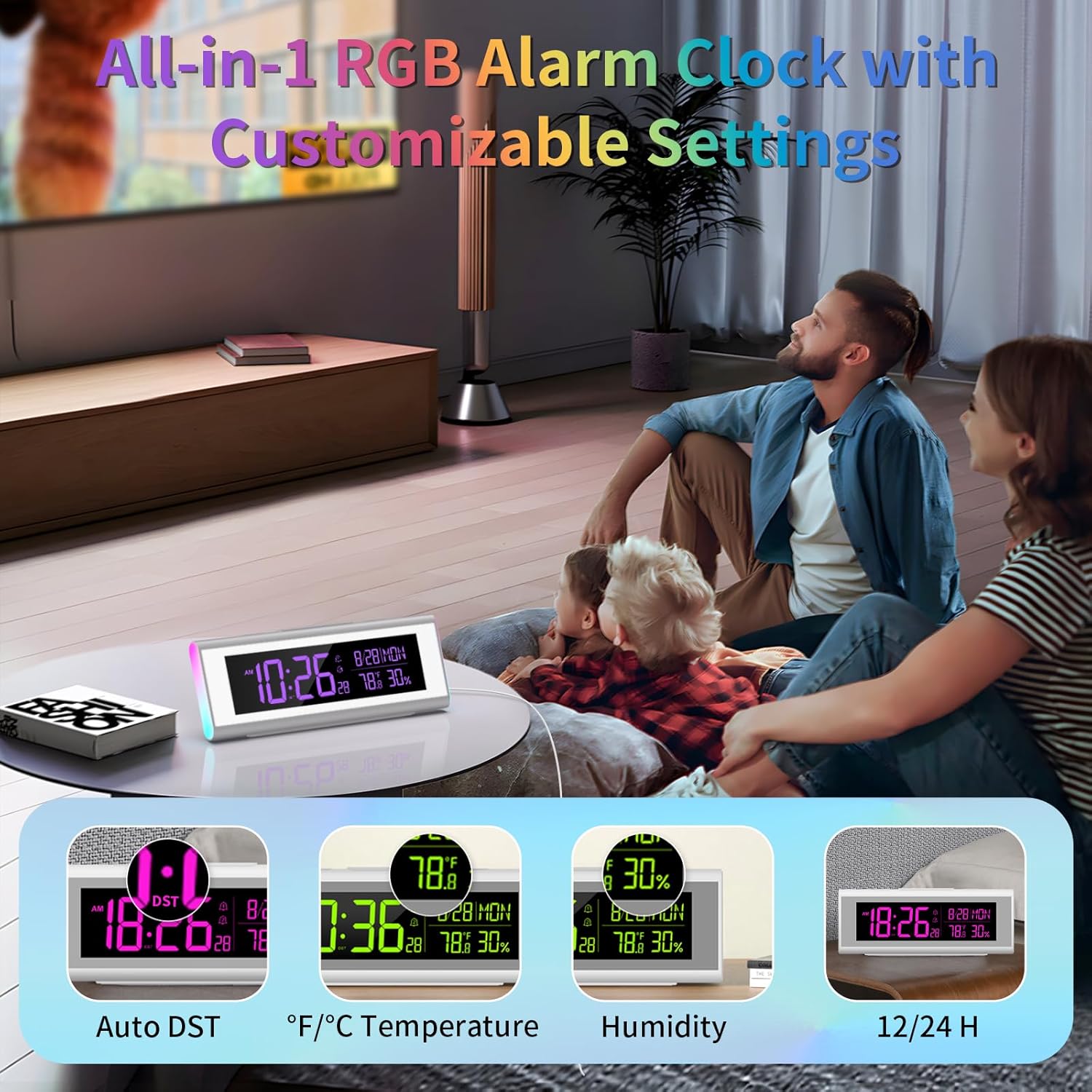 Alarm Clocks for Bedrooms, LED Desk Clock with RGB Night Light, Brightness Dimmer, Date, Week, Temperature Large Display, Modern Decor for Desk, Office, Gift for Kids, Teen, Adults (Silver)