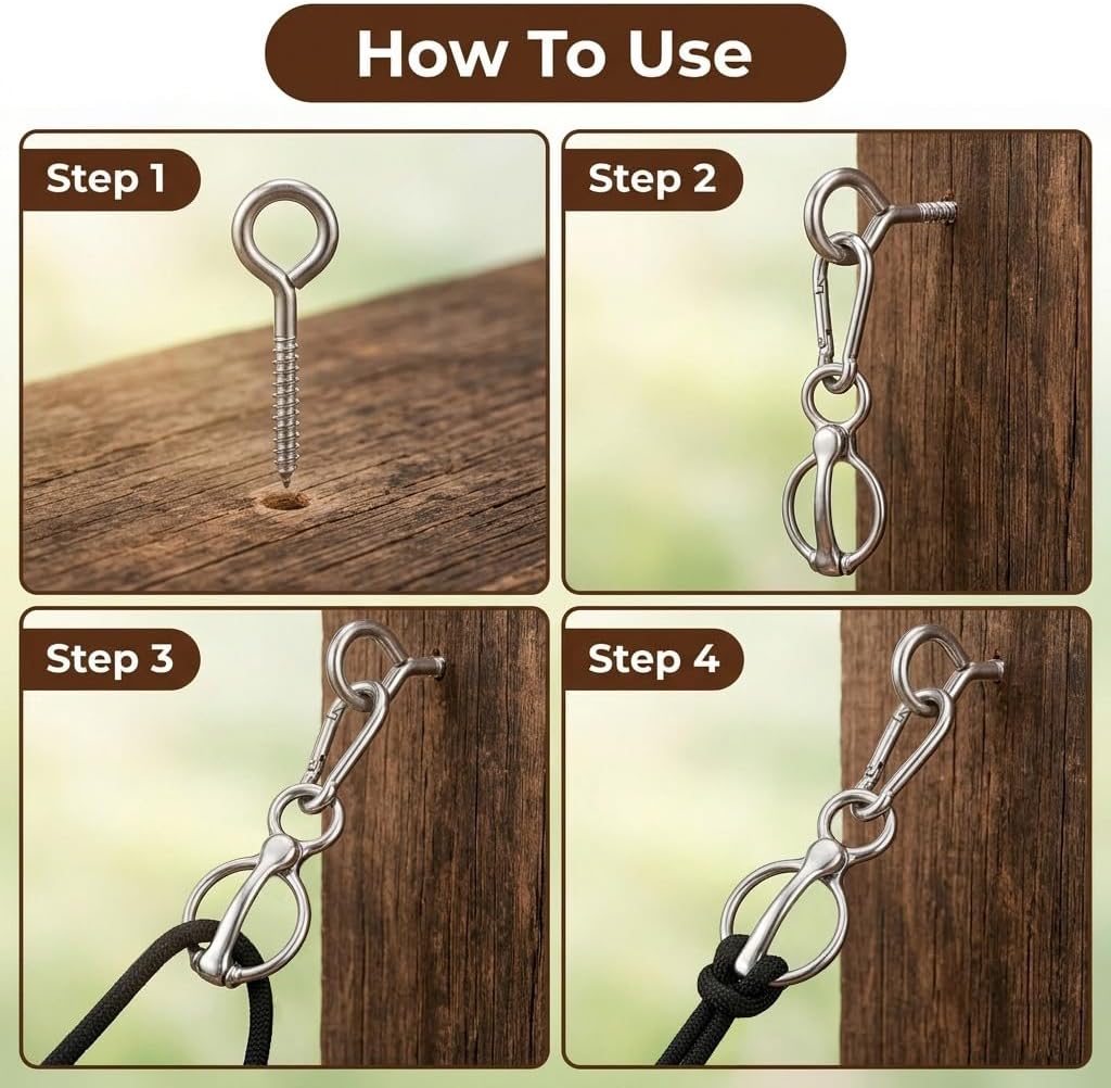 Horse Tie Ring Kit, Horse Training Cross Ties with Eye Bolt Tack, Snap Hook | Quick Release Safety Buckle, Suitable for Horse Stalls & Trailers, 304 Stainless Steel, Horse Tack Trailer Ties Accessories