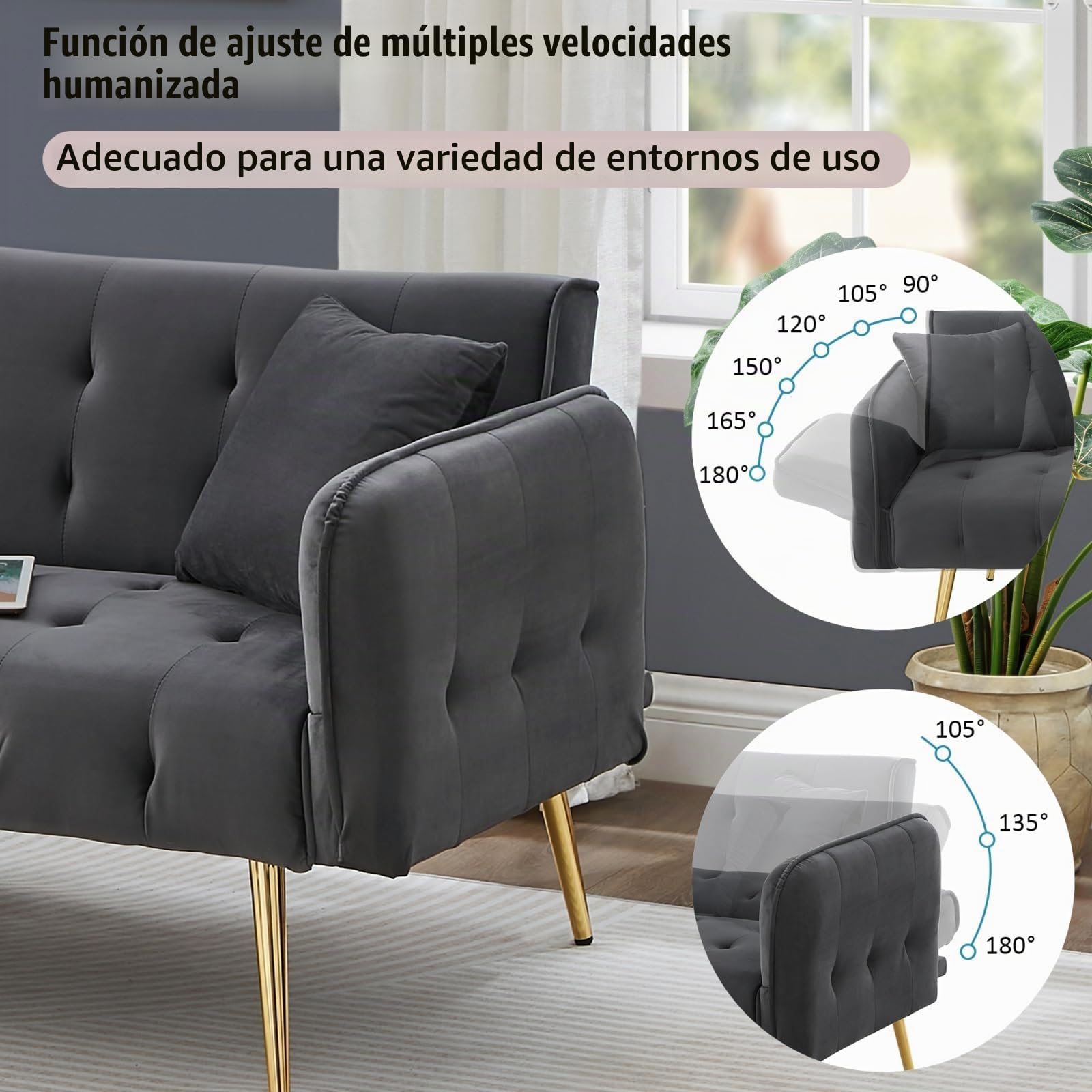 YEHTOKHOME - Sofá cama de 2 plazas convertible, carpetas independientes, reposabrazos ajustables, tejido aterciopelado, sofá cama con función de dormitorio, para sala de estar, oficina, dormitorio