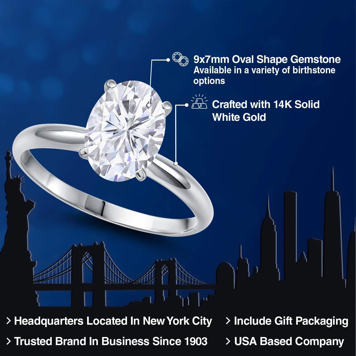 Gem Stone King 14K White Gold 9X7MM Oval Gemstone Birthstone Solitaire Engagement Ring | Wedding Engagement Anniversary Promise Ring For Women | Available In Size 5, 6, 7, 8, 9 - Image 2