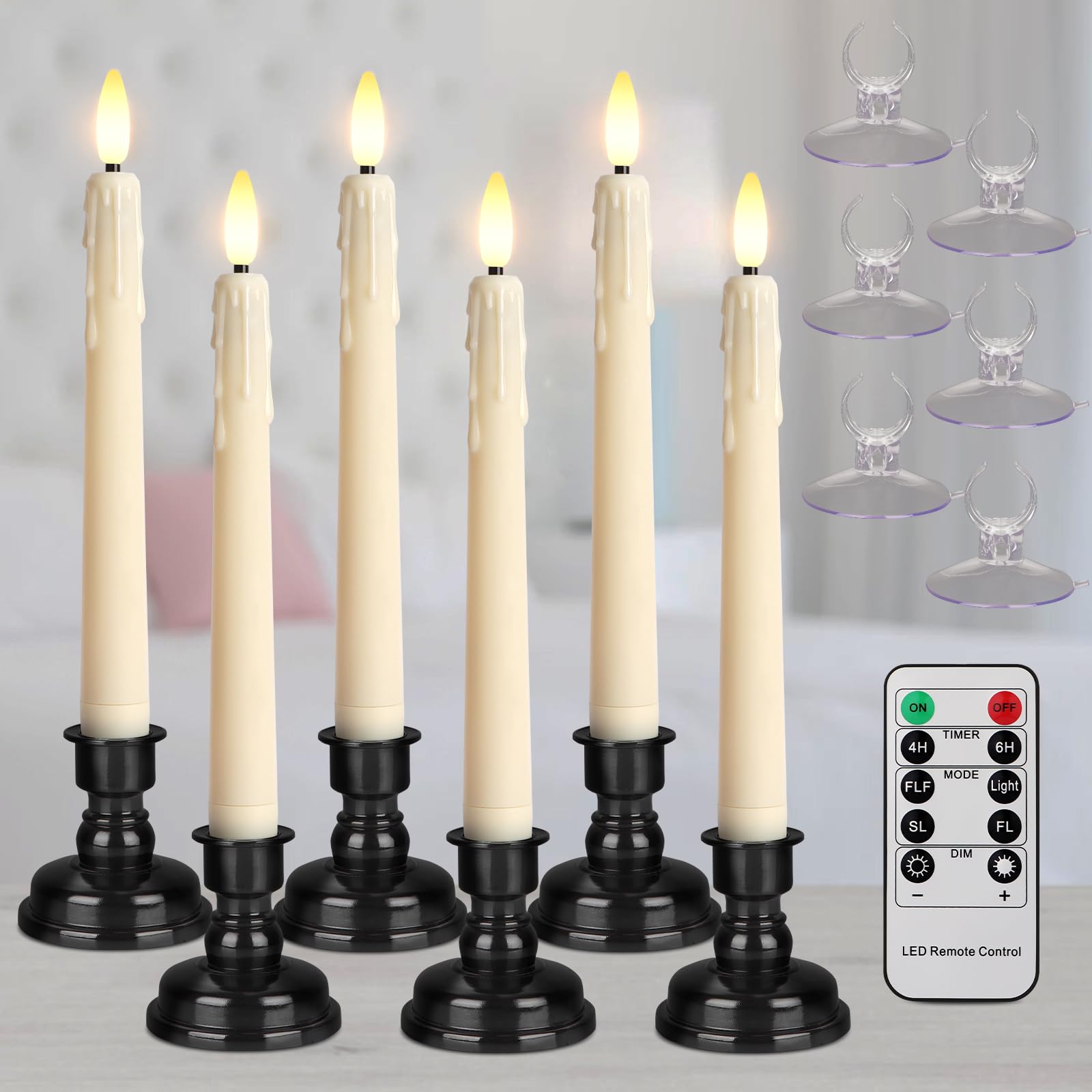 yunsheng Battery Operated LED Window Candles with Remote Timer, 8 Inches Ivory Flameless Taper Flickering Candles, Removable Black Candlesticks and Suction Cups, Holiday, Home Decor, 6 Pack