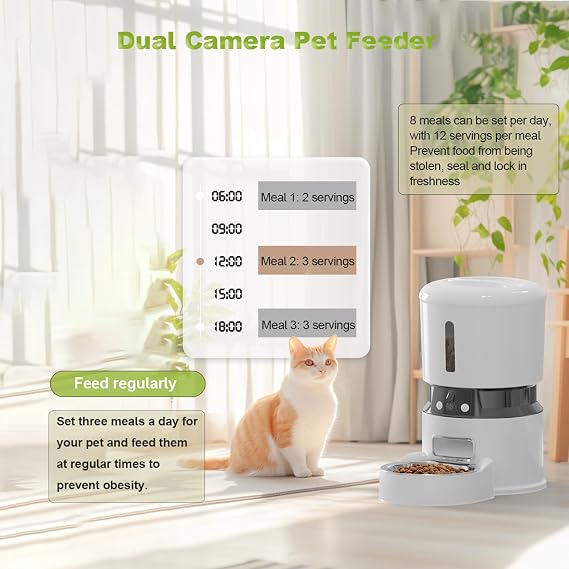 Automatic Dog Feeder with Freshness Preservation, 4L Timed Cat Feeders for Dry Food, Up to 8 Meals Per Day, Granary Pet Feeder for Cats/Dogs DoubleBowl