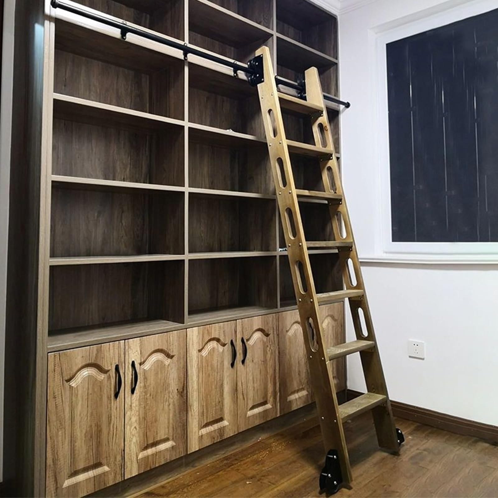 Kit quincaillerie pour échelle de bibliothèque roulante en acier noir avec roues à frein