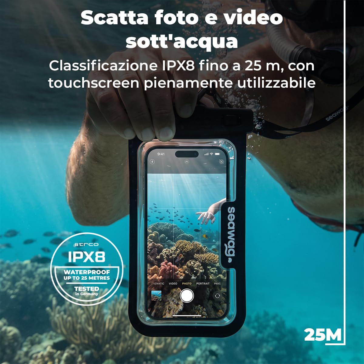 SEAWAG Solo Traveler Kit - Custodia impermeabile per telefono (IPX8 fino a 25 m) con impugnatura galleggiante, cinghia da braccio e supporto per bicicletta, borsa impermeabile universale per iPhone e