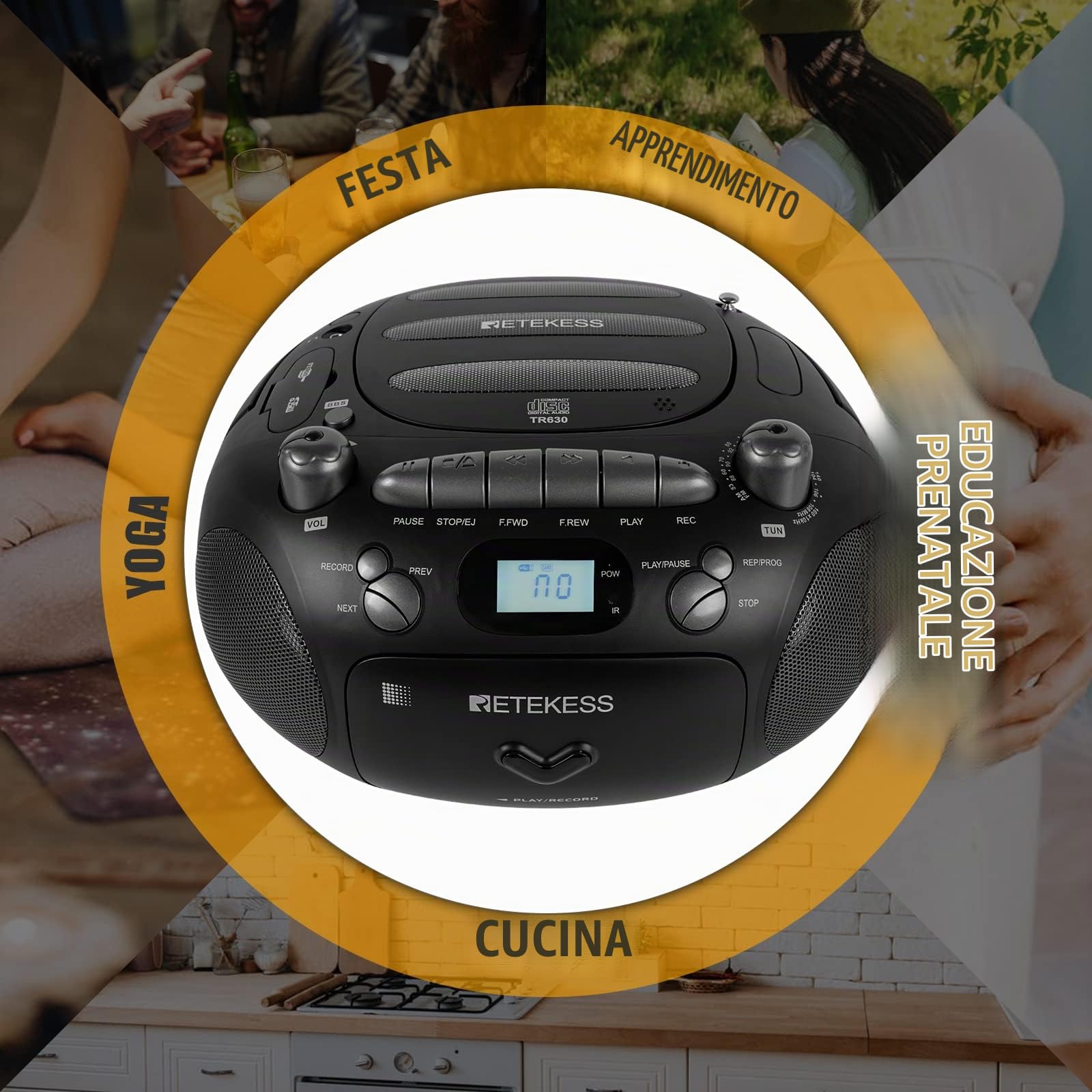 Retekess TR630 Lettore CD, Lettore Cassette | per Intrattenimento Domestico, Famiglia, FM/AM, Boombox Stereo, USB/TF, LCD con Retroilluminazione