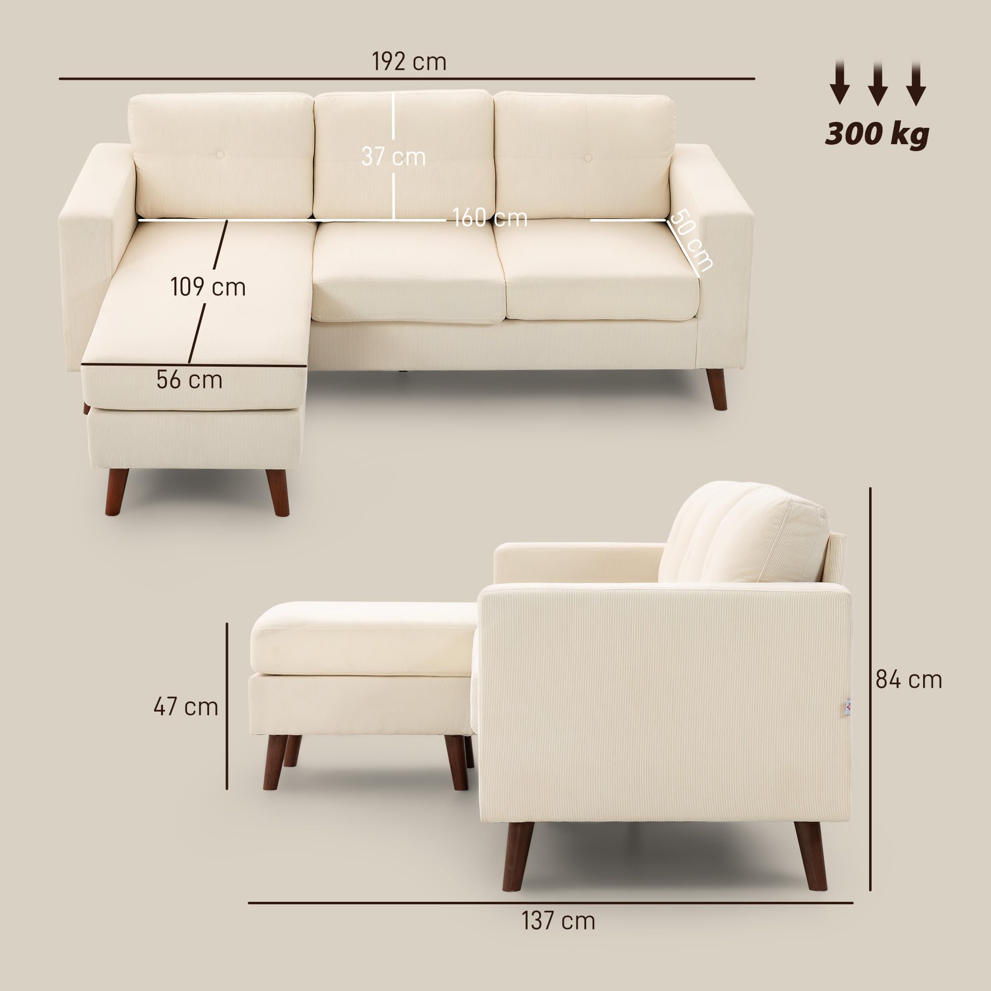 HOMCOM Sofá Chaise Longue Reversible 3 Plazas 192x137x84 cm Crema | Sofá Esquinero en Forma de L, Tapizado en Pana, Marco de Acero, para Espacios Reducidos, Salón