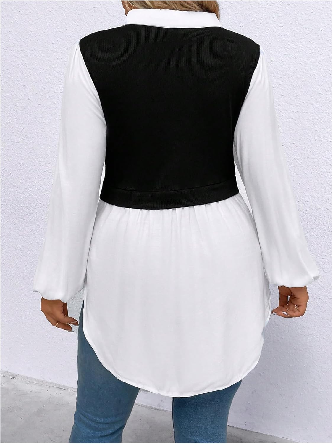 OYOANGLE Women's Plus Size Colorblock Collared Lantern Long Sleeve Button Down Blouses Elegant Office Peplum Shirt Tops - Image 2