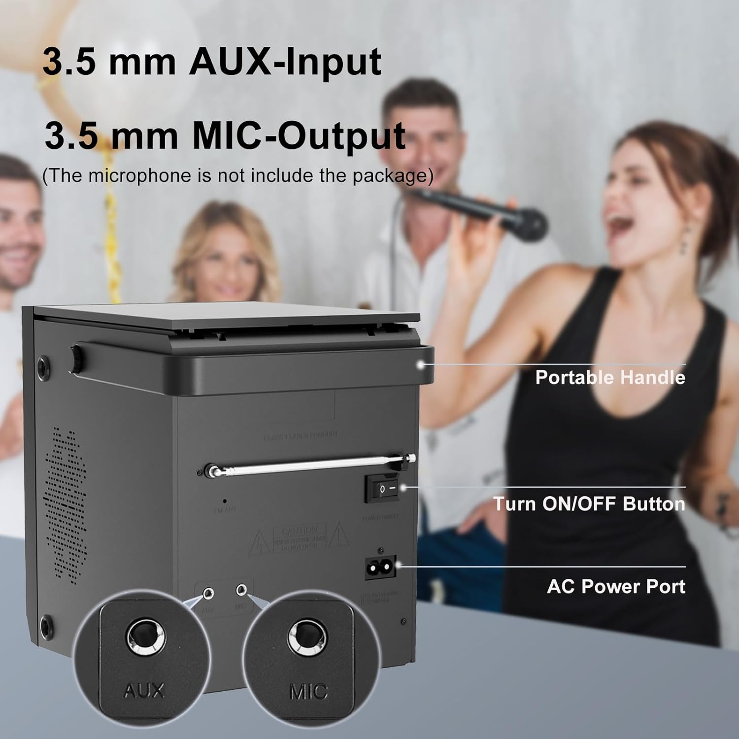 Atzekoa view of LONPOO Portable CD Player Boombox showing AUX input, MIC output, ON/OFF switch, and AC power port