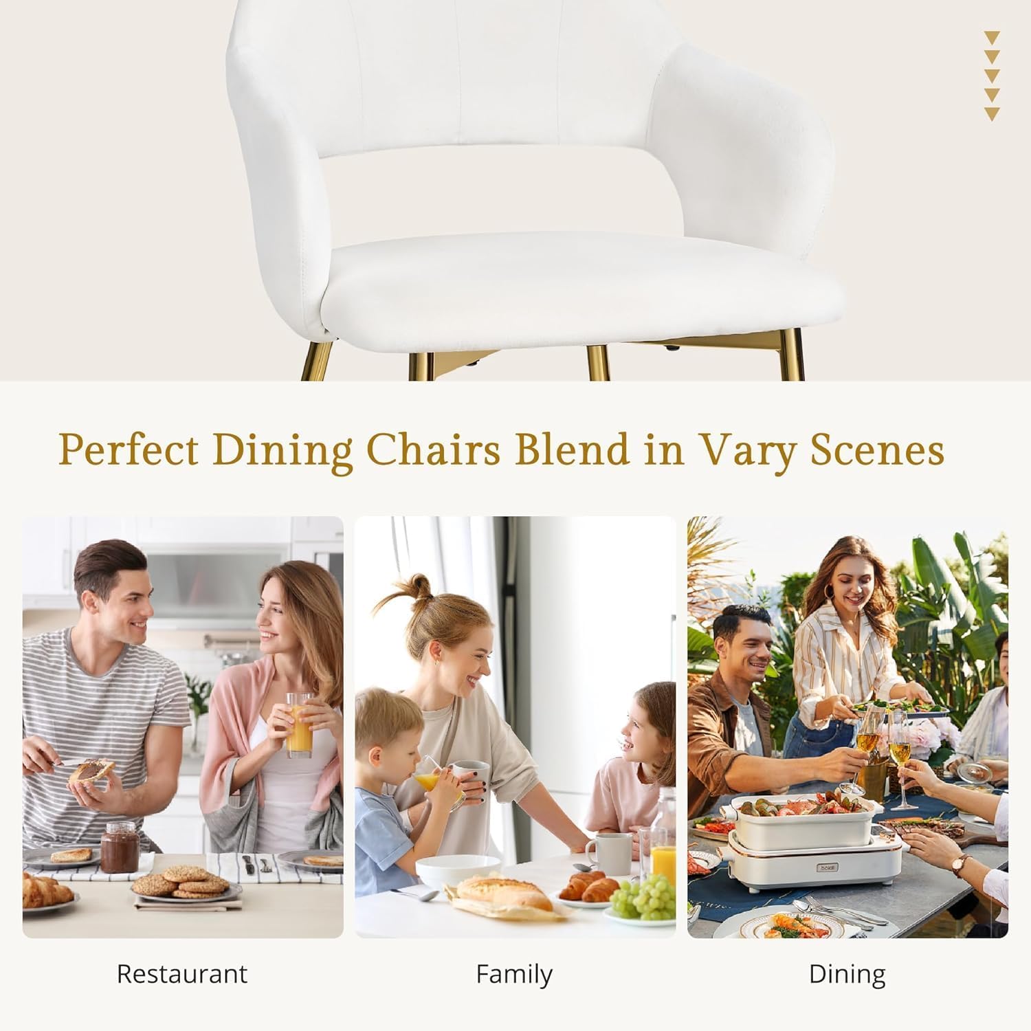 VECELO Velvet Dining Chairs Set of 2, Modern Upholstered Kitchen Chairs with Cushion, Padded Backrest and Metal Legs, White