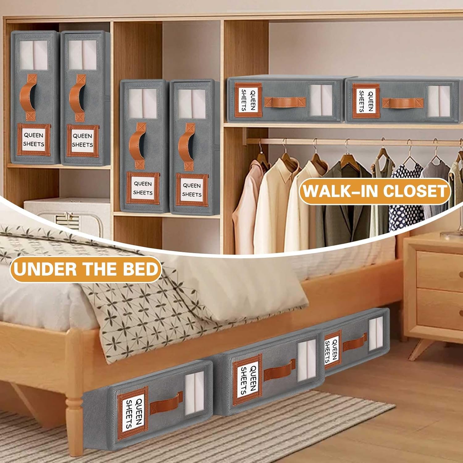 GhvyenntteS Sheet Organizers and Storage 4 Pack (Queen & King Size), Foldable Bed Sheet Organizer with Window and Label, Storage with Leather Handle, Grey