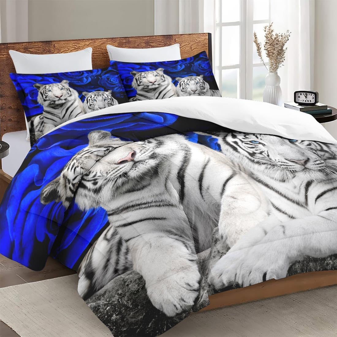 Queen Size Comforter Set with 2 Pillowcases, White Tiger Animal Cat 3 Pcs Bedding for Kids and Adults, Blue Rose Flower Background Soft Comforter Set for Bedroom Bed Decor - Image 3