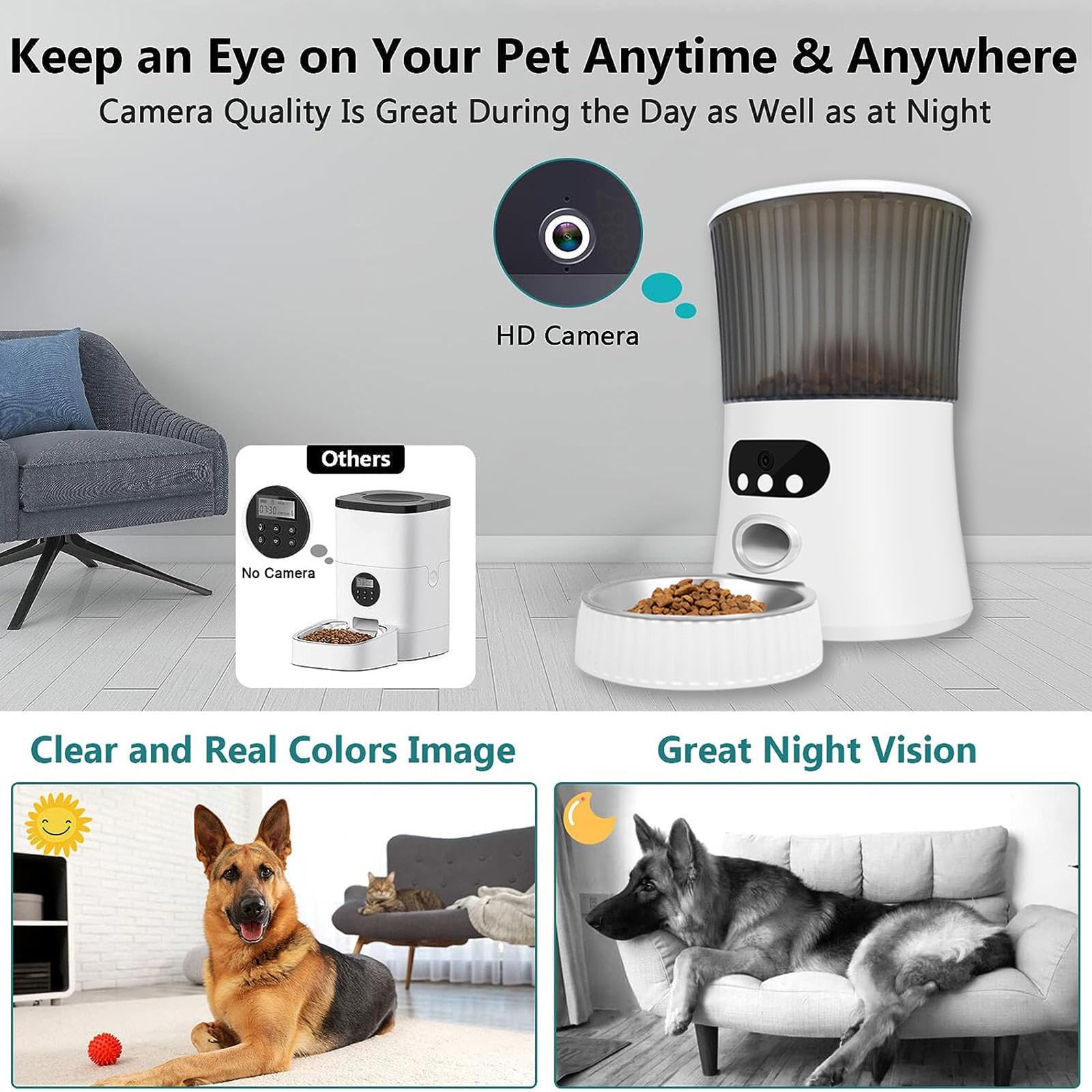 Comedero Automático para Gatos, 6L 2.4G WLAN,con App Control, Full 1080p HD Cámara y Visión Nocturna Comedero Automatico Perros, Dispensador Comida Gatos