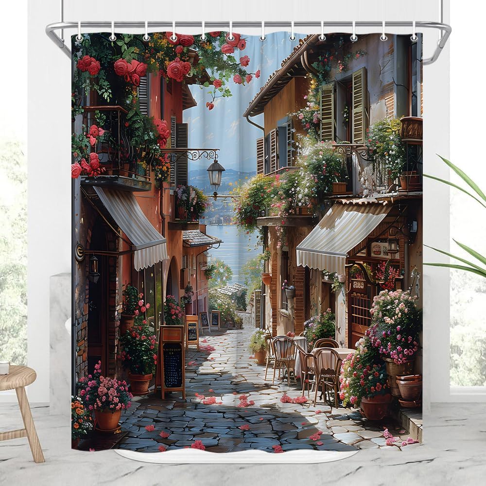 Italy Street Shower Curtain Renaissance Mediterranean Cafe in Tuscany Rustic Floral Farmhouse Scenery Bathroom Decor Curtains 94x70 inch with Hook