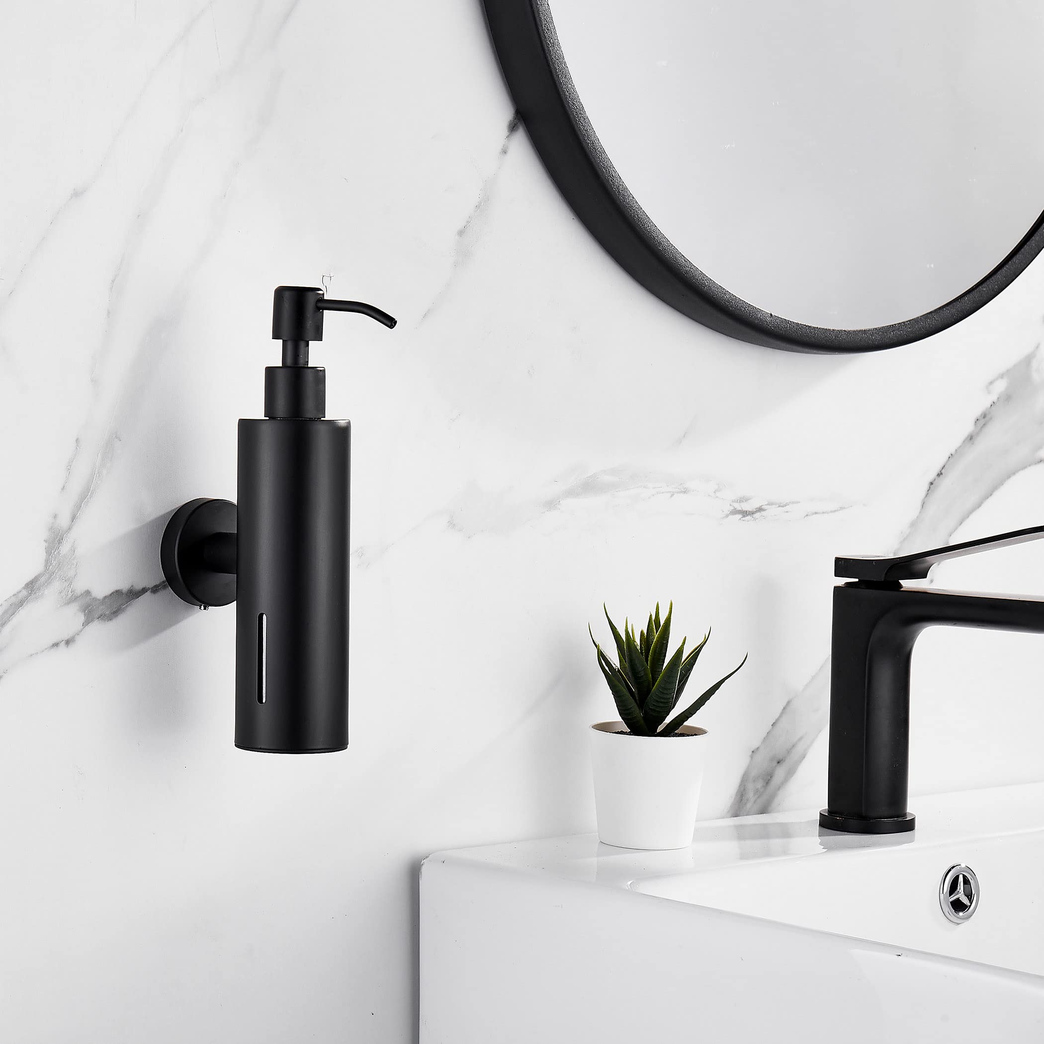 BATHSIR Dispenser di sapone nero, in acciaio inox, dispenser di liquidi con finestra visiva, montaggio a parete, bottiglia di sapone per le mani con pompa, per piatti, piano di lavoro, cucina, bagno