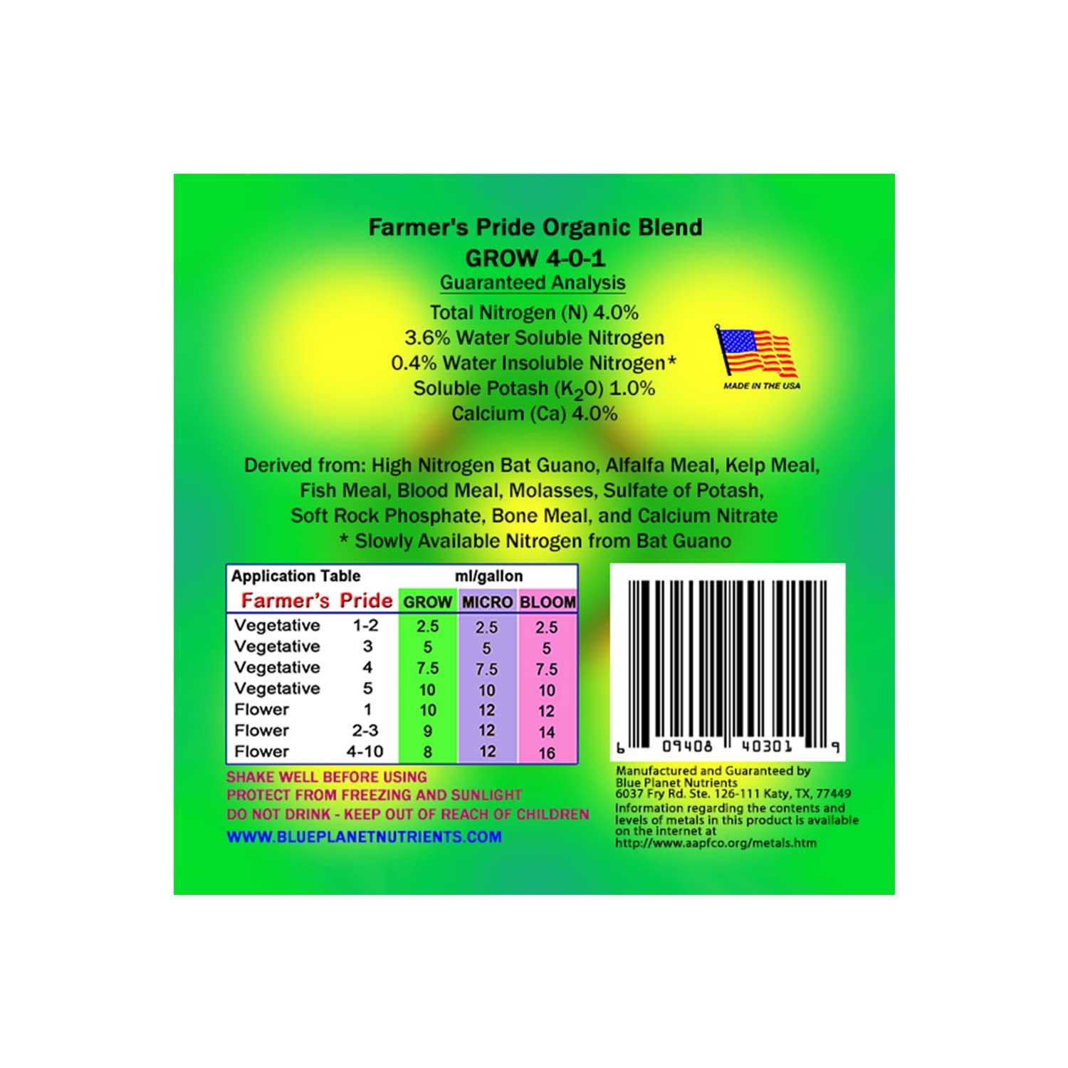 Farmer's Pride Organic Blend Fertilizer Set (128 oz Jugs) Gallon | Concentrated All Purpose Plant Food | Makes Up to 1,500 Gallons | Blue Planet Nutrients