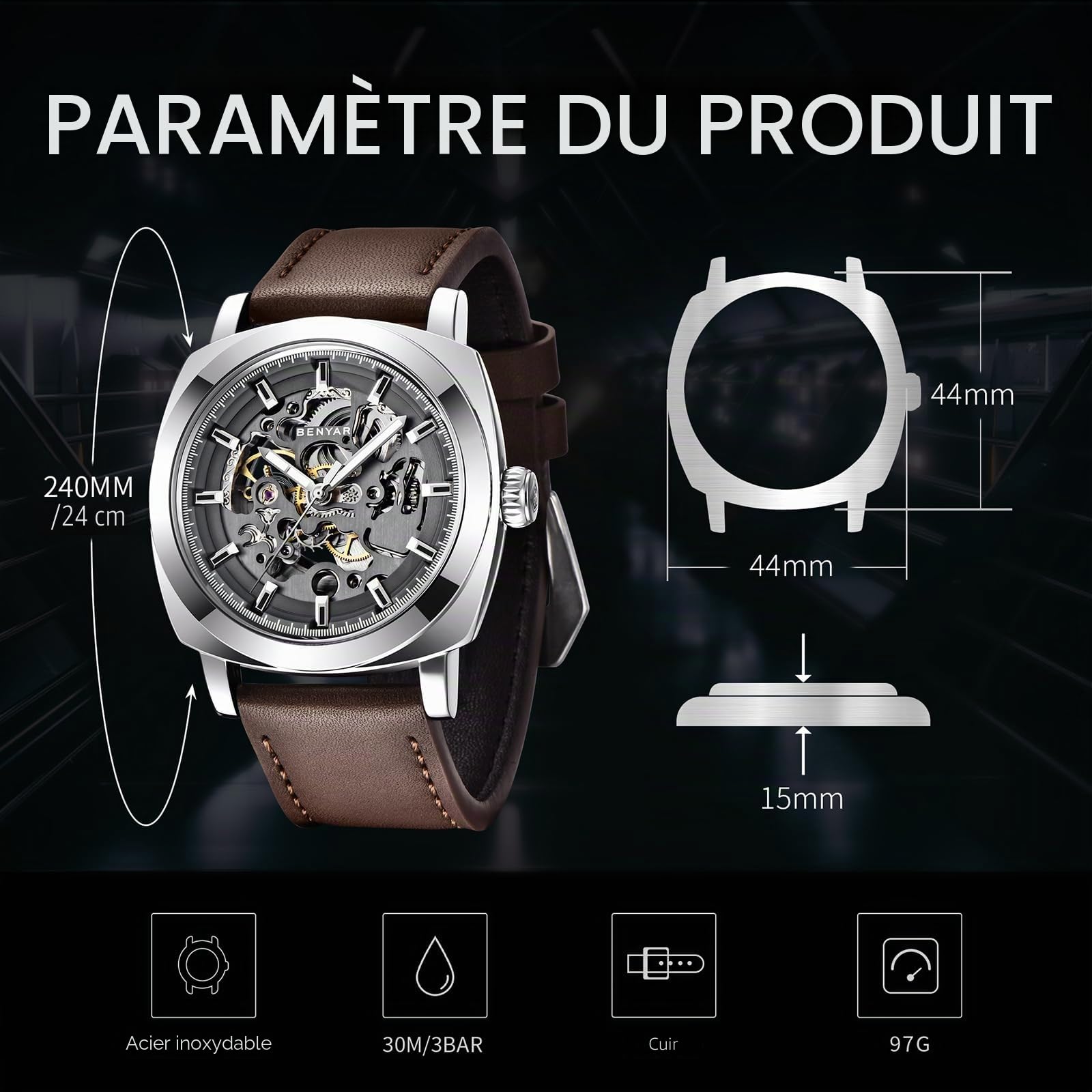 BENYAR - Montre mécanique Automatique pour Homme - Bracelet en Cuir - Mouvement doré - Cadran Squelette de 45 mm - Résistant à l'eau et aux Rayures - Cadeau élégant pour Homme