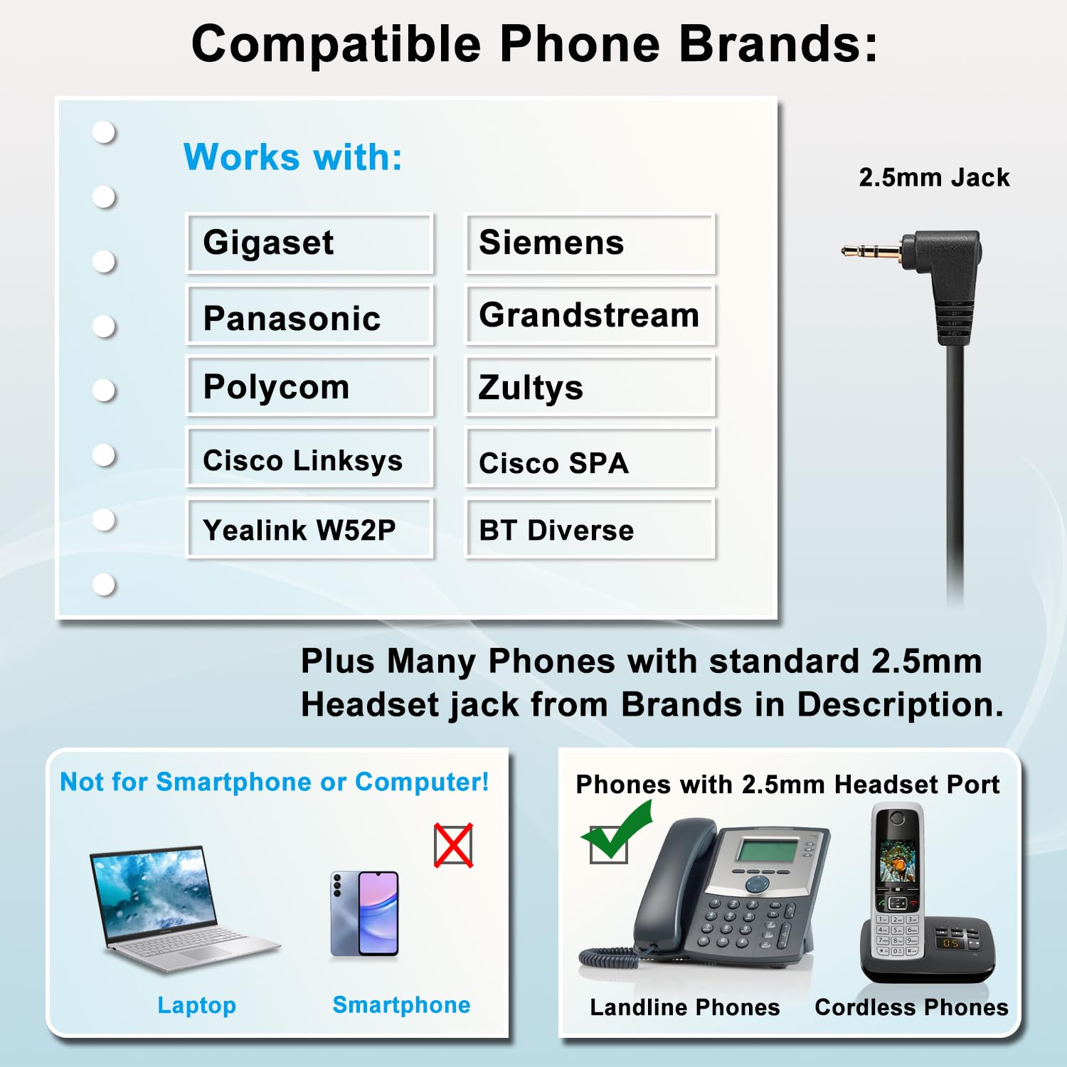 Cuffie telefoniche fisse senza fili con microfono Cancelling, 2,5 mm, compatibili con Panasonic Gigaset C430A C530 CL660HX S850 Yealink W52P Cisco Grandstream Polycom DECT telefoni fissi