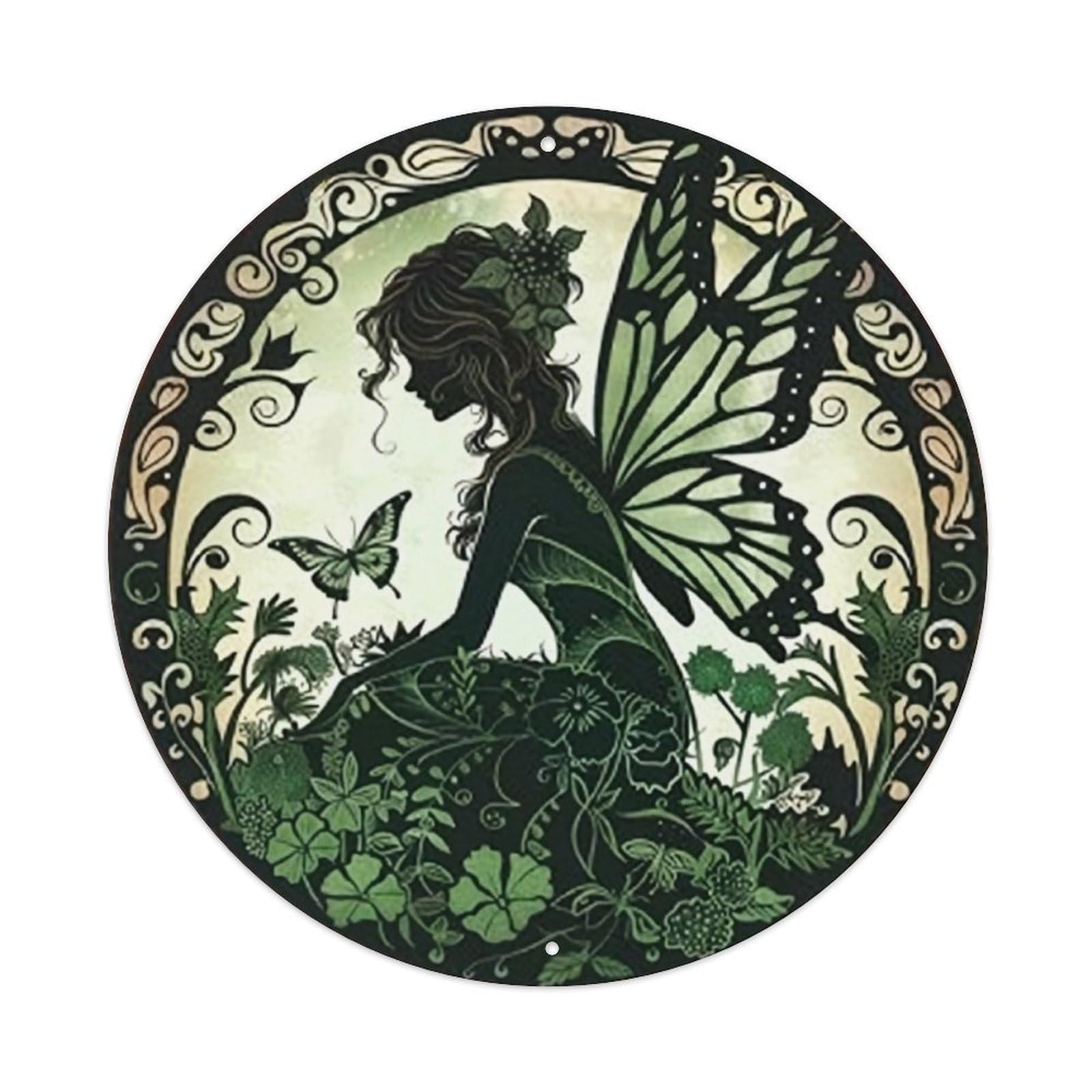 Green Fairy Butterfly Floral Design Vintage Metal Tin Sign Retro Wall Decor for Home Bar Garage Cafe, Indoor & Outdoor Decorative，circle Metal Poster, 8x8 Inch